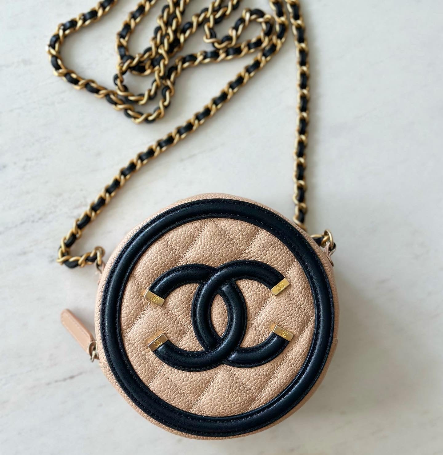 CC Caviar Quilted Round Filigree Crossbody Beige/black