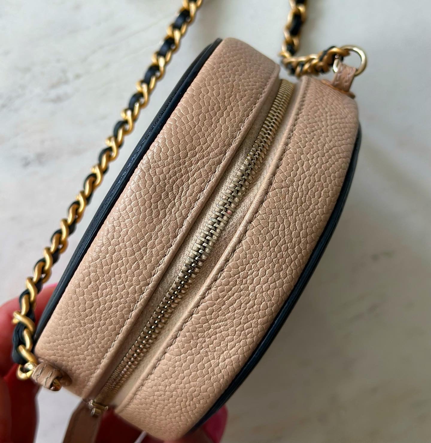 CC Caviar Quilted Round Filigree Crossbody Beige/black