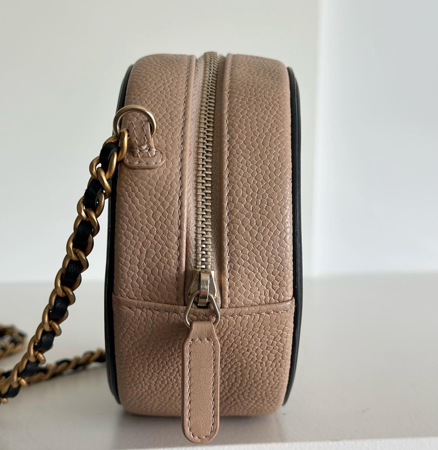 CC Caviar Quilted Round Filigree Crossbody Beige/black