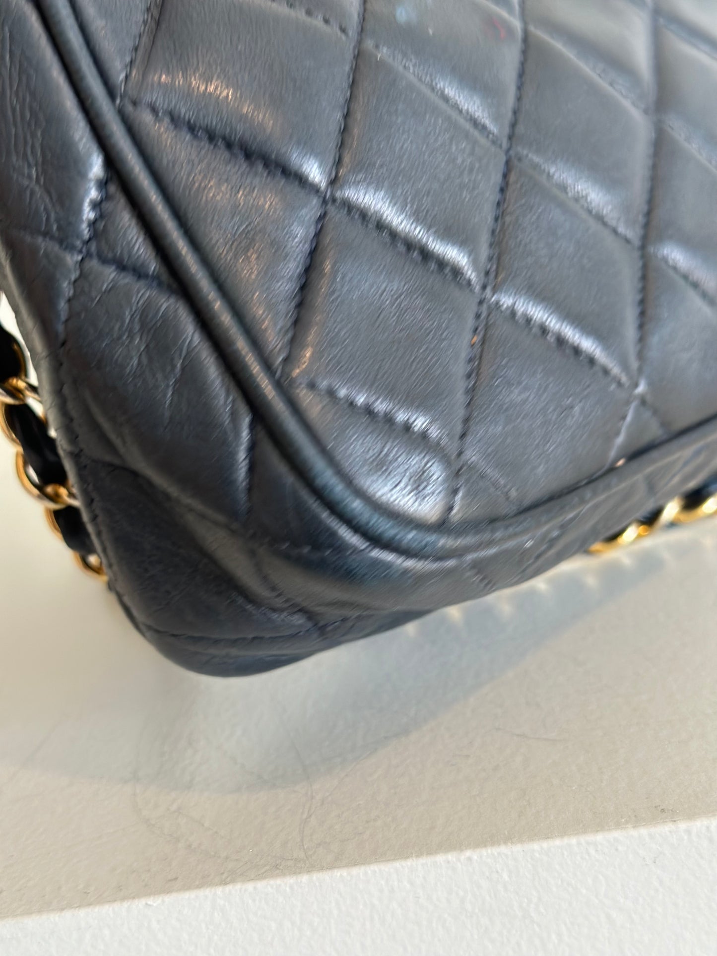 Chanel vintage camera bag with tassel, navy blue leather