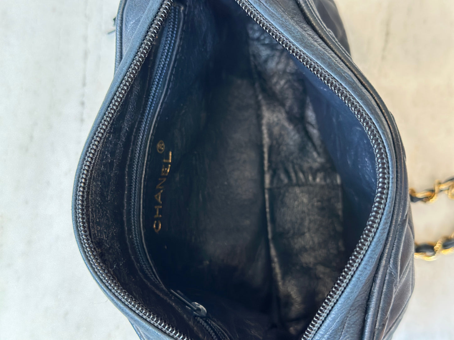 Chanel vintage camera bag with tassel, navy blue leather