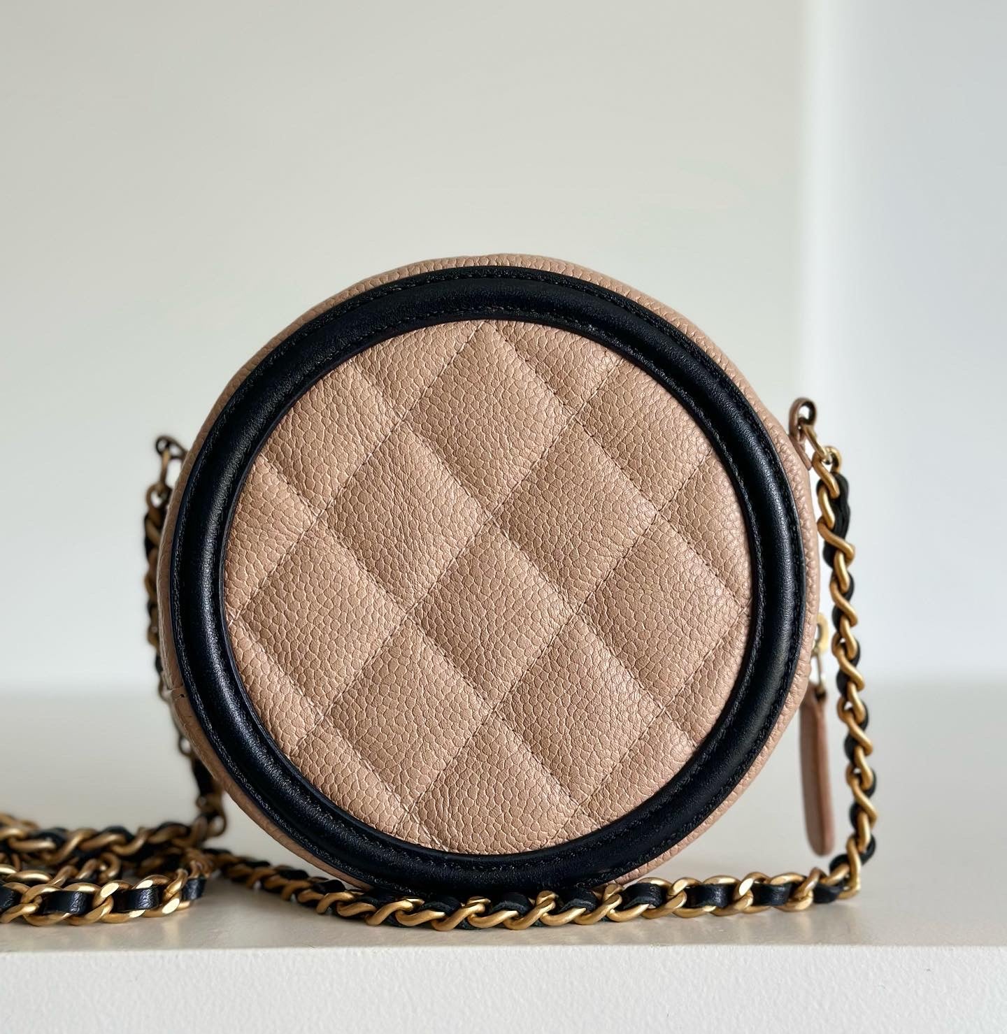 CC Caviar Quilted Round Filigree Crossbody Beige/black