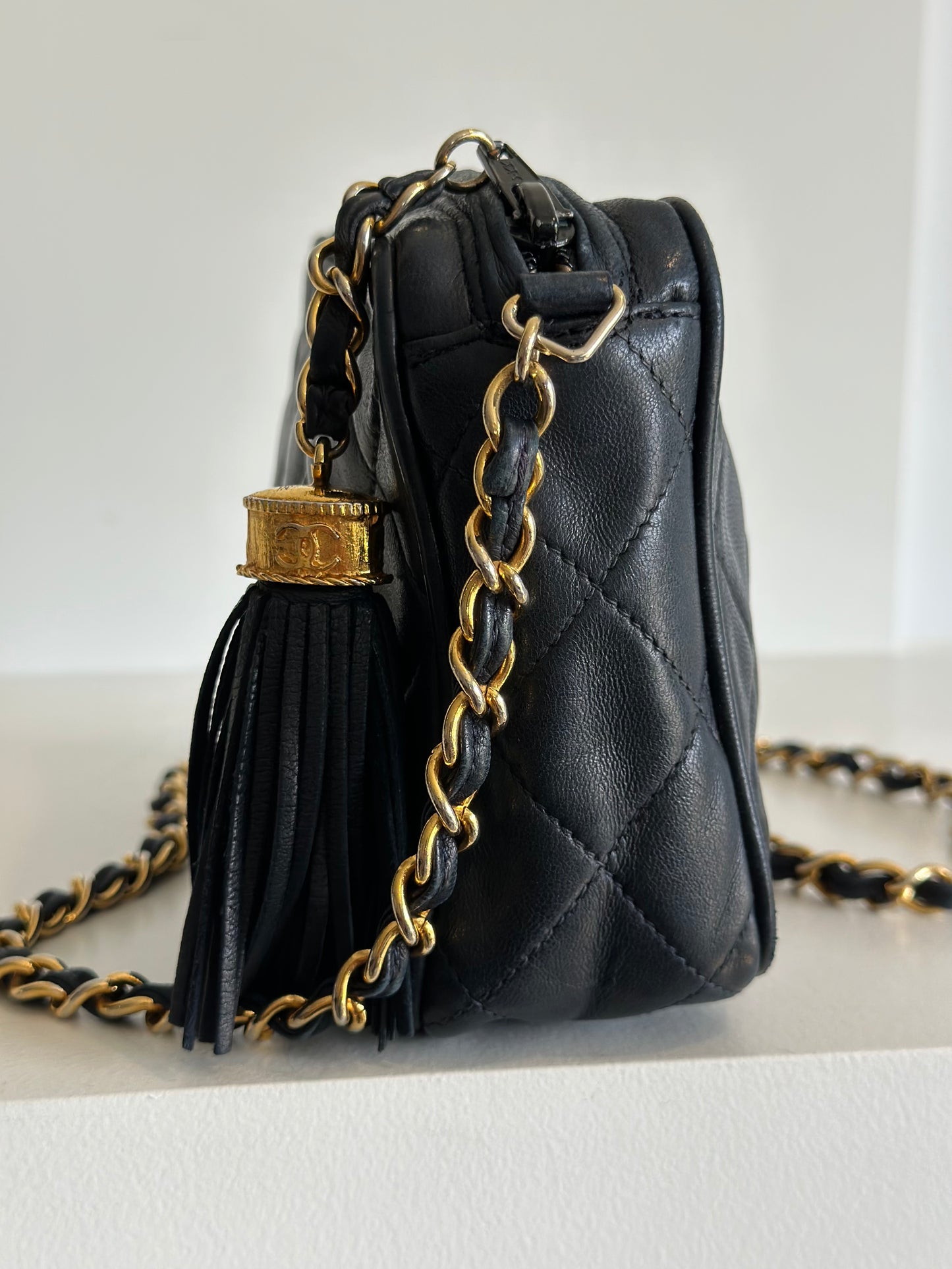 Chanel vintage camera bag with tassel, navy blue leather