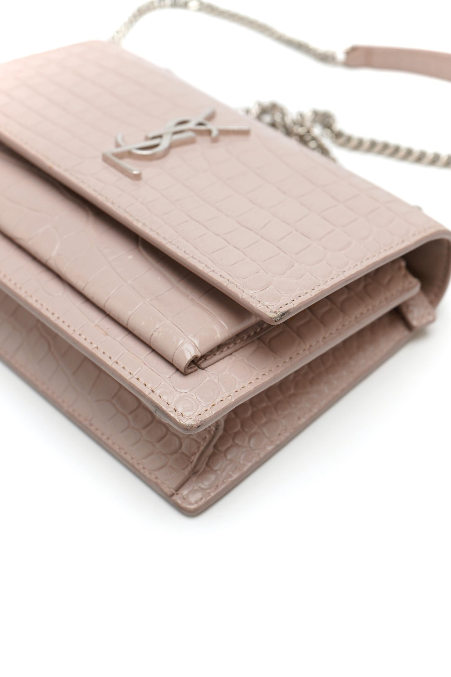 Saint Laurent Calfskin Crocodile Embossed Monogram Sunset Chain Wallet