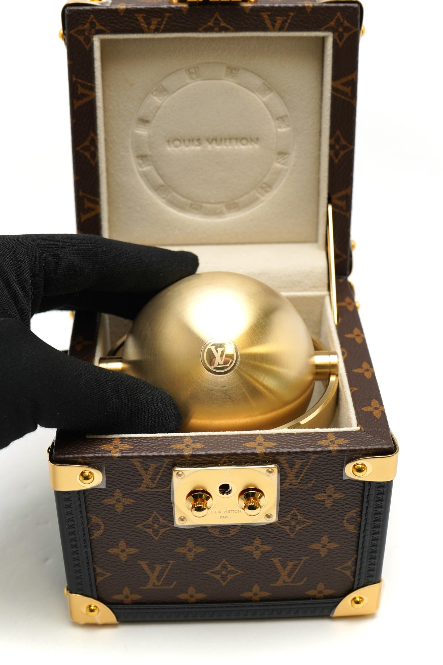 Louis Vuitton Trunk Table Clock, Quartz, 80mm, Brass, Monogram