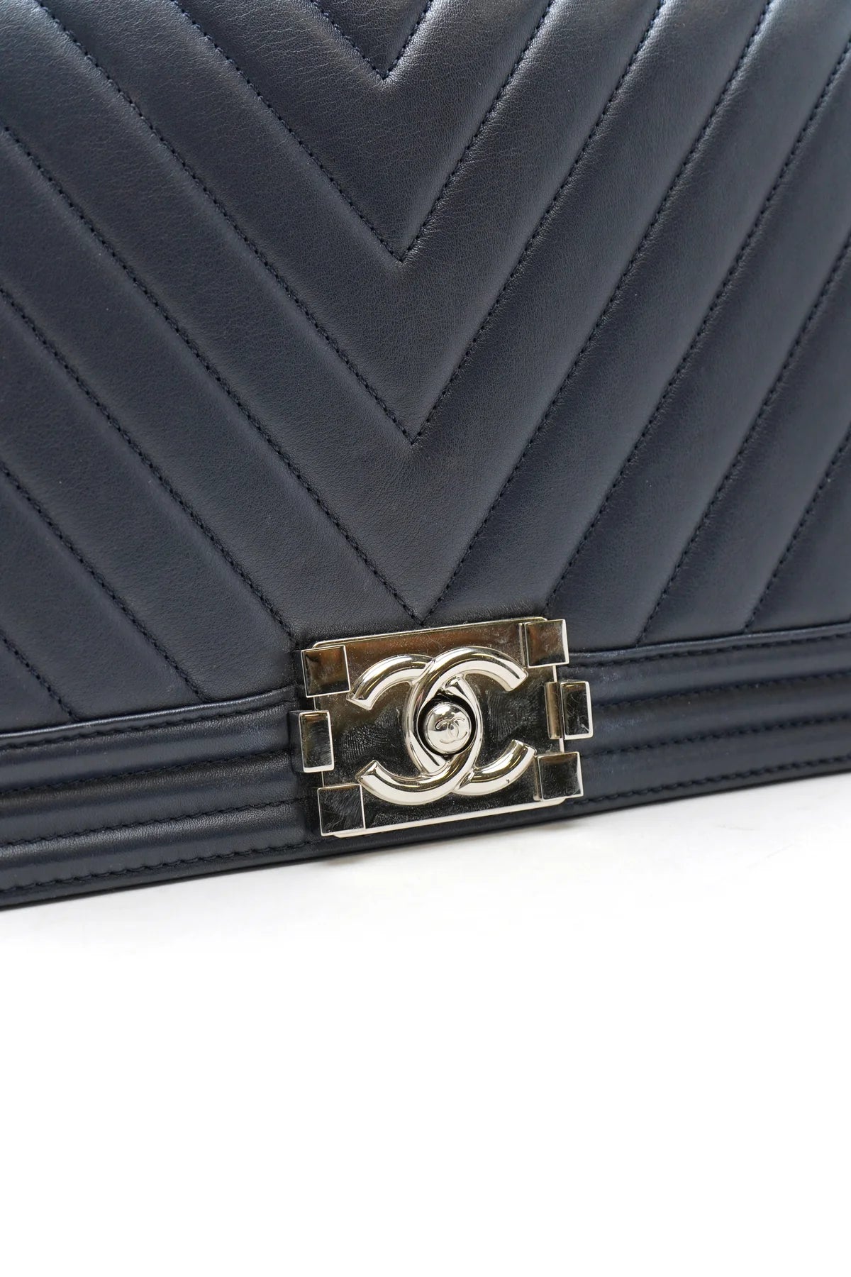 Chanel Lambskin Chevron Quilted New Large Boy Flap Dark Navy Blue