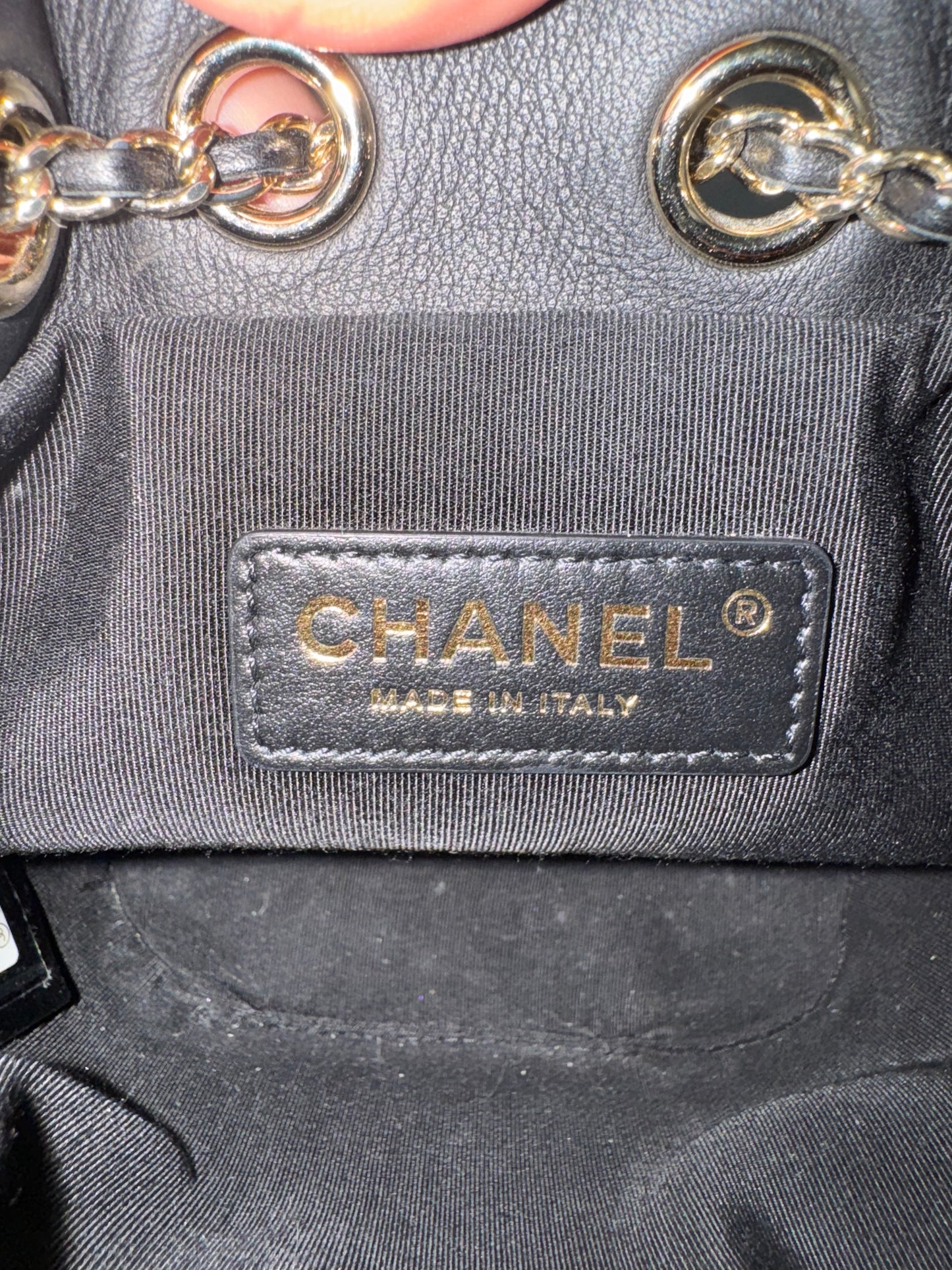 Chanel Calfskin Stitched Small Egyptian Amulet Drawstring Bag Black