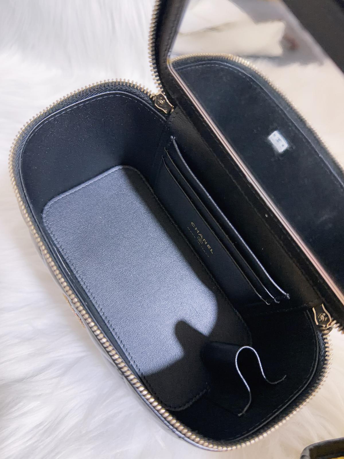 Chanel Black Quilted Top Handle Vanity Case Crystal & Light Gold Hardware