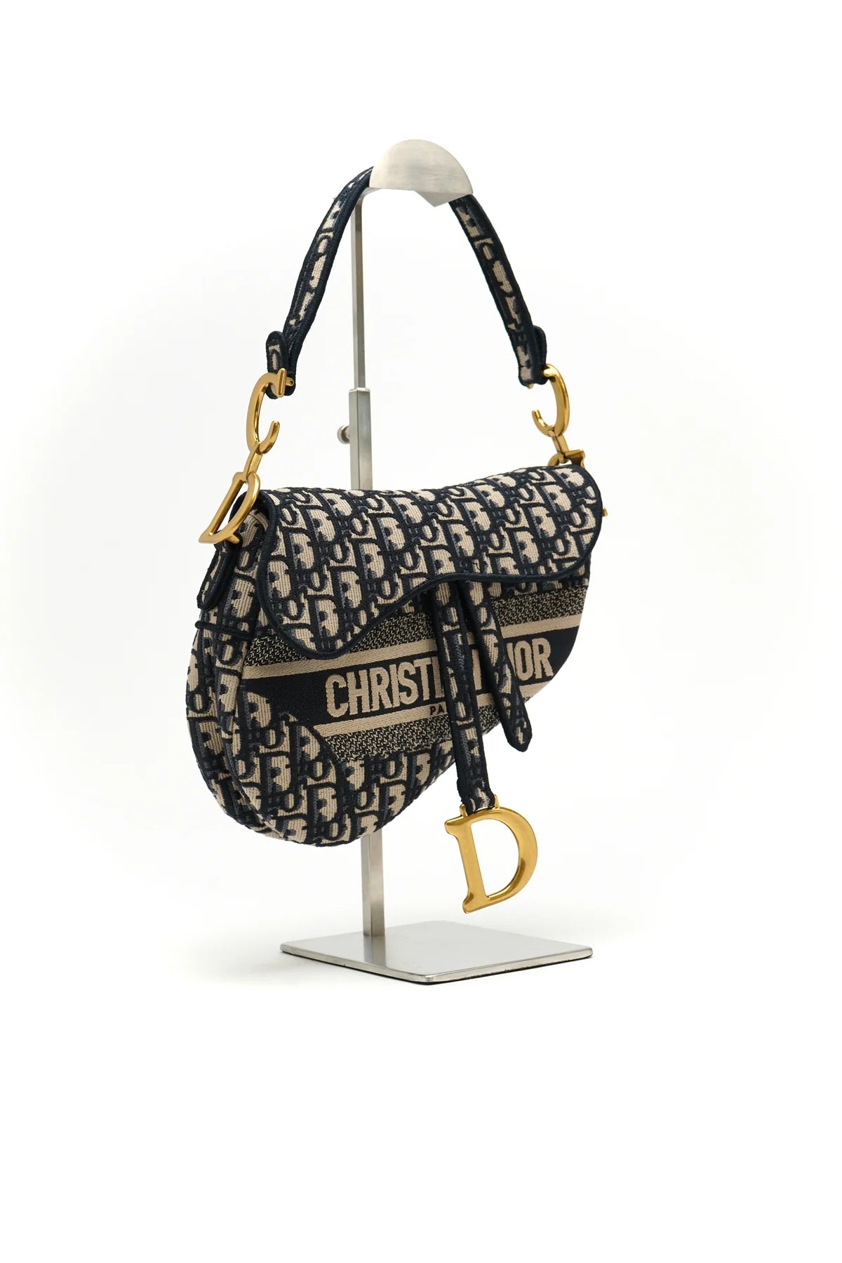 Christian Dior Oblique Embroidered Saddle Bag Blue with strap