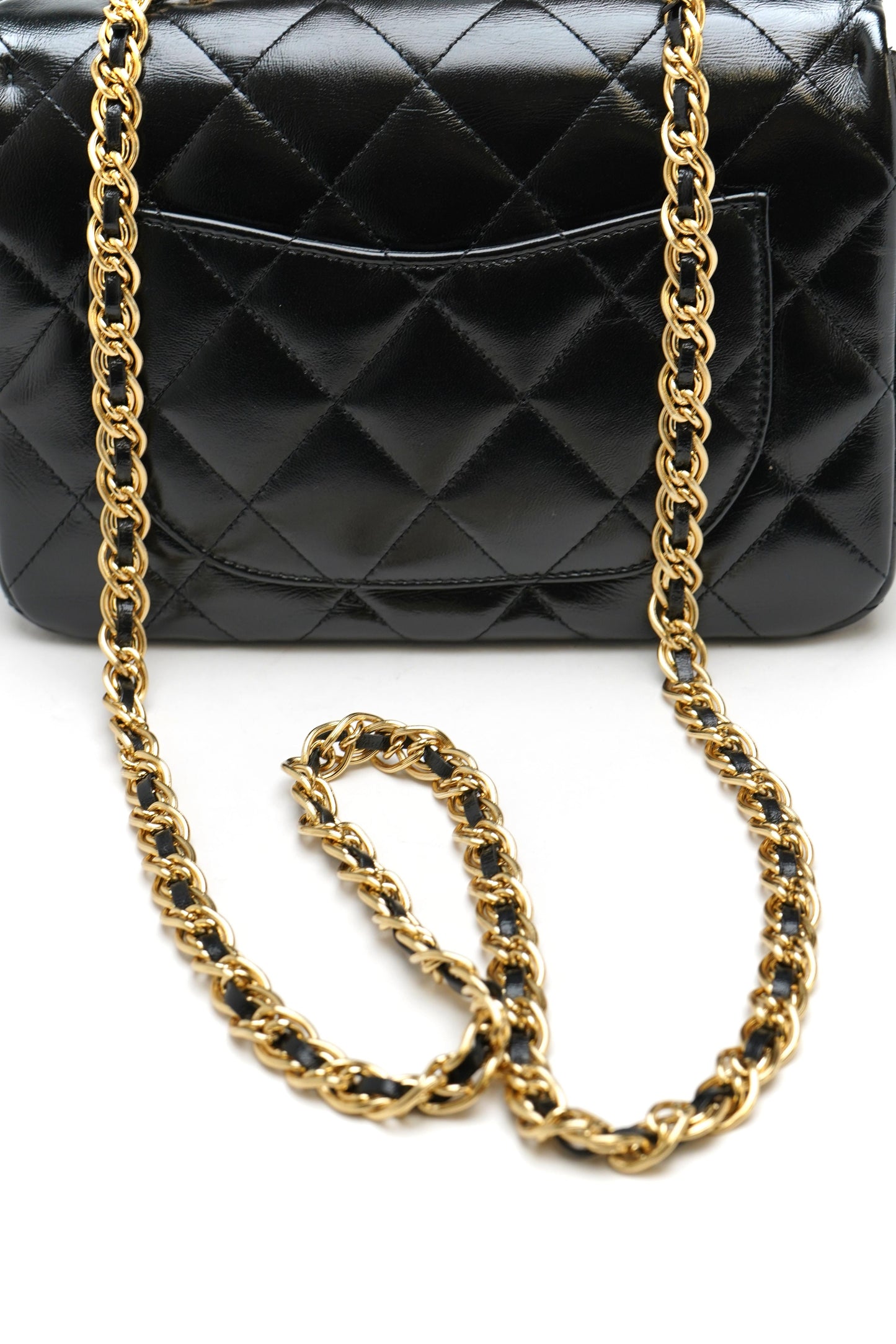 Chanel Medium Shiny Lambskin Quilted Golden Links Top Handle Flap Black