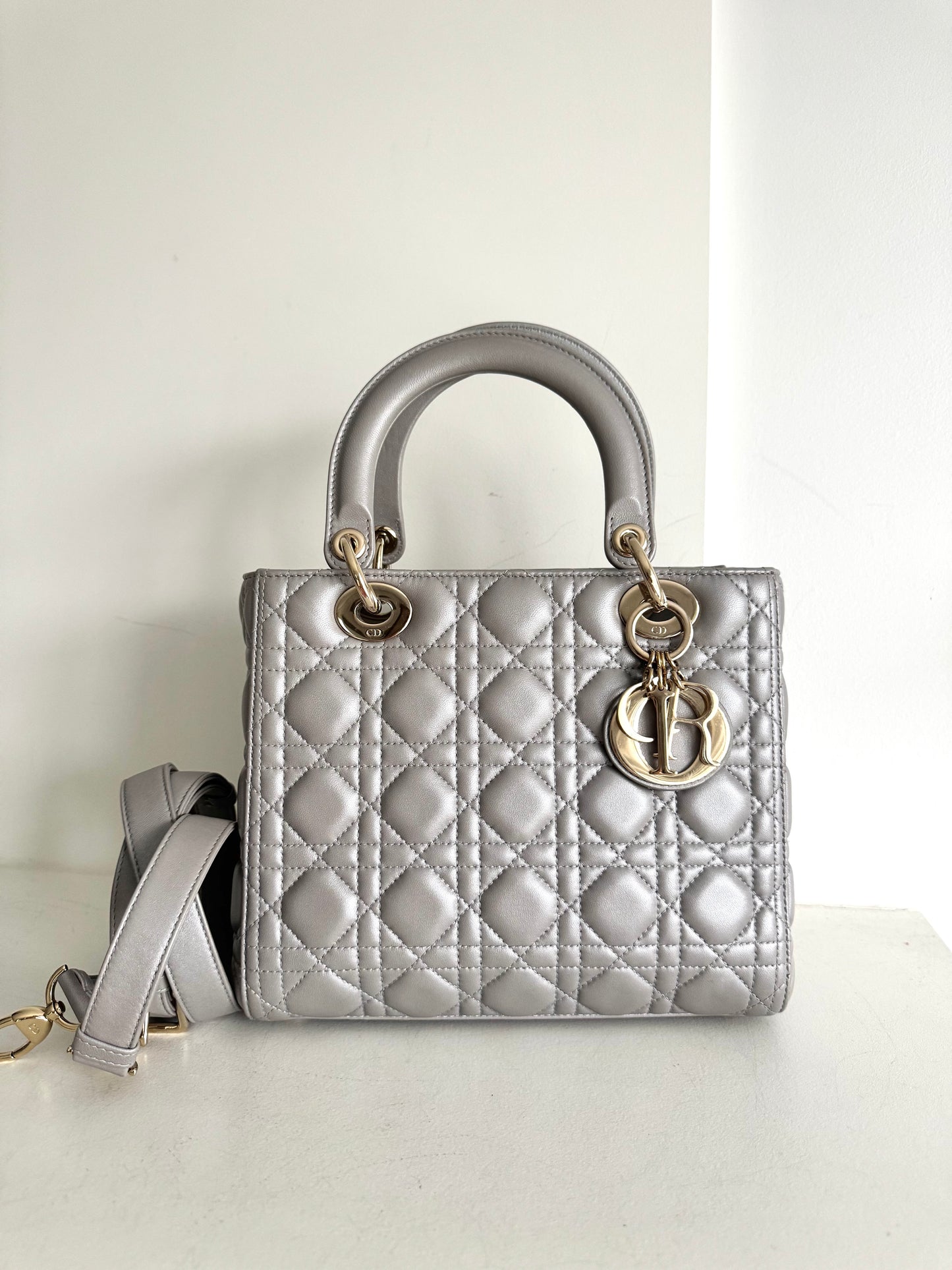 Christian Dior medium Lady, grey with signature Cannage stitching
