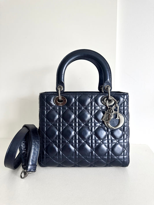 Christian Dior Medium Lady Navy with signature Cannage Stitching