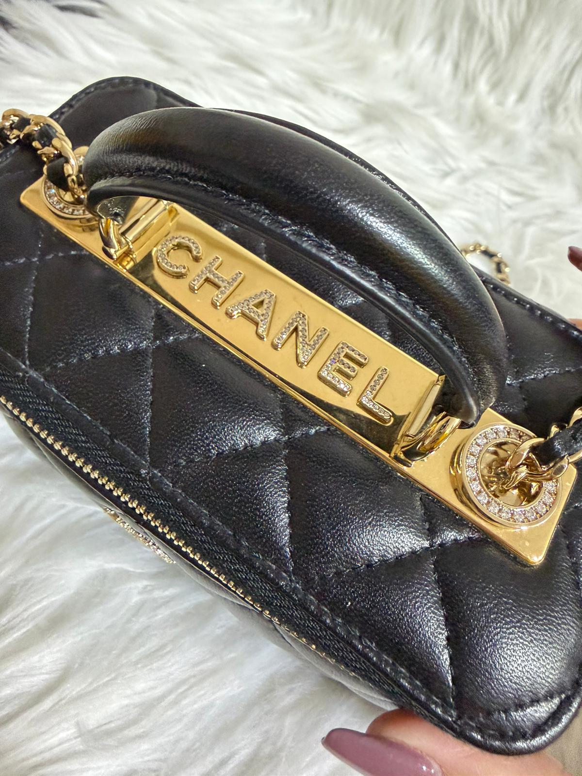 Chanel Black Quilted Top Handle Vanity Case Crystal & Light Gold Hardware