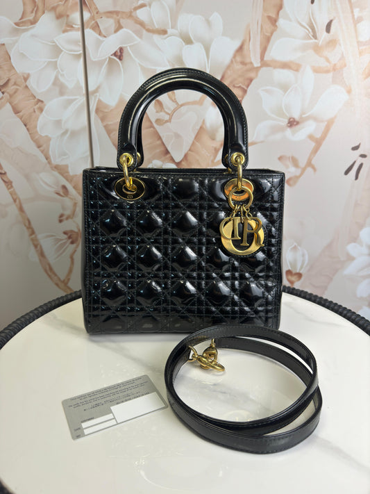 Christian Dior Patent Cannage Medium Lady Dior Black