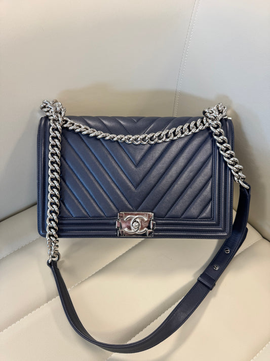 Chanel Lambskin Chevron Quilted New Medium Boy, Navy Blue