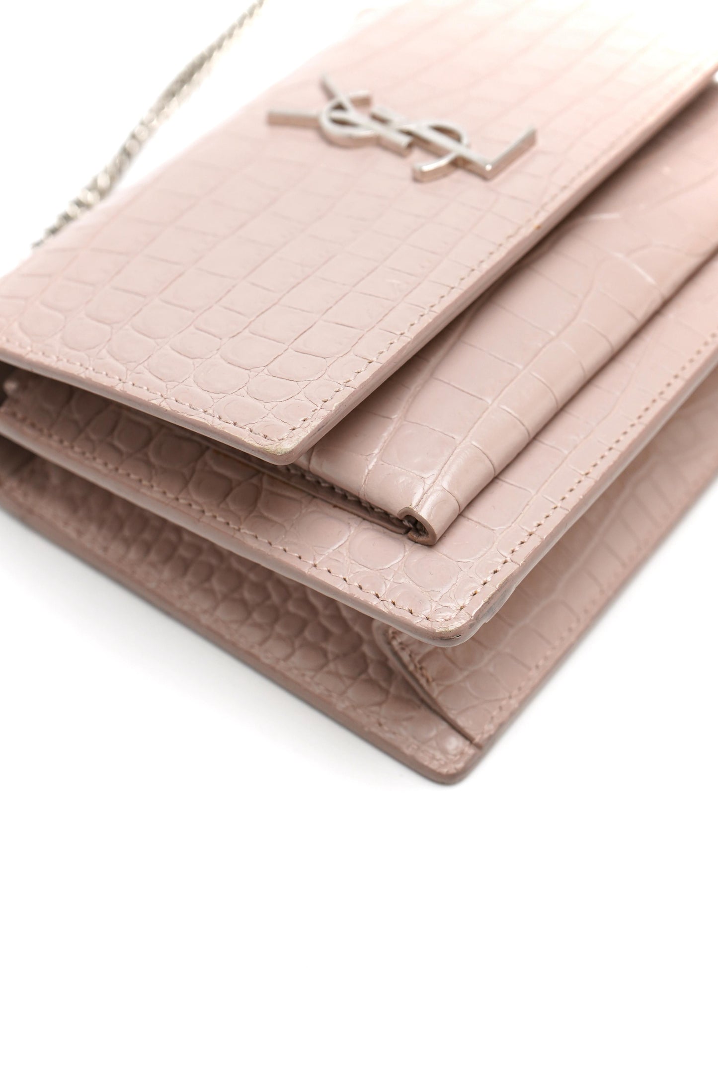 Saint Laurent Calfskin Crocodile Embossed Monogram Sunset Chain Wallet