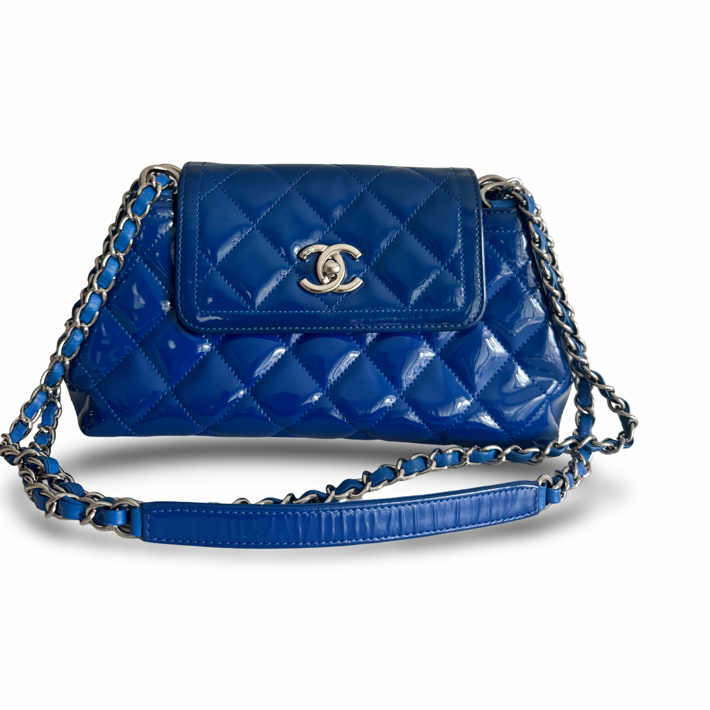 Chanel Blue Patent Leather Medium Accordion Shoulder
