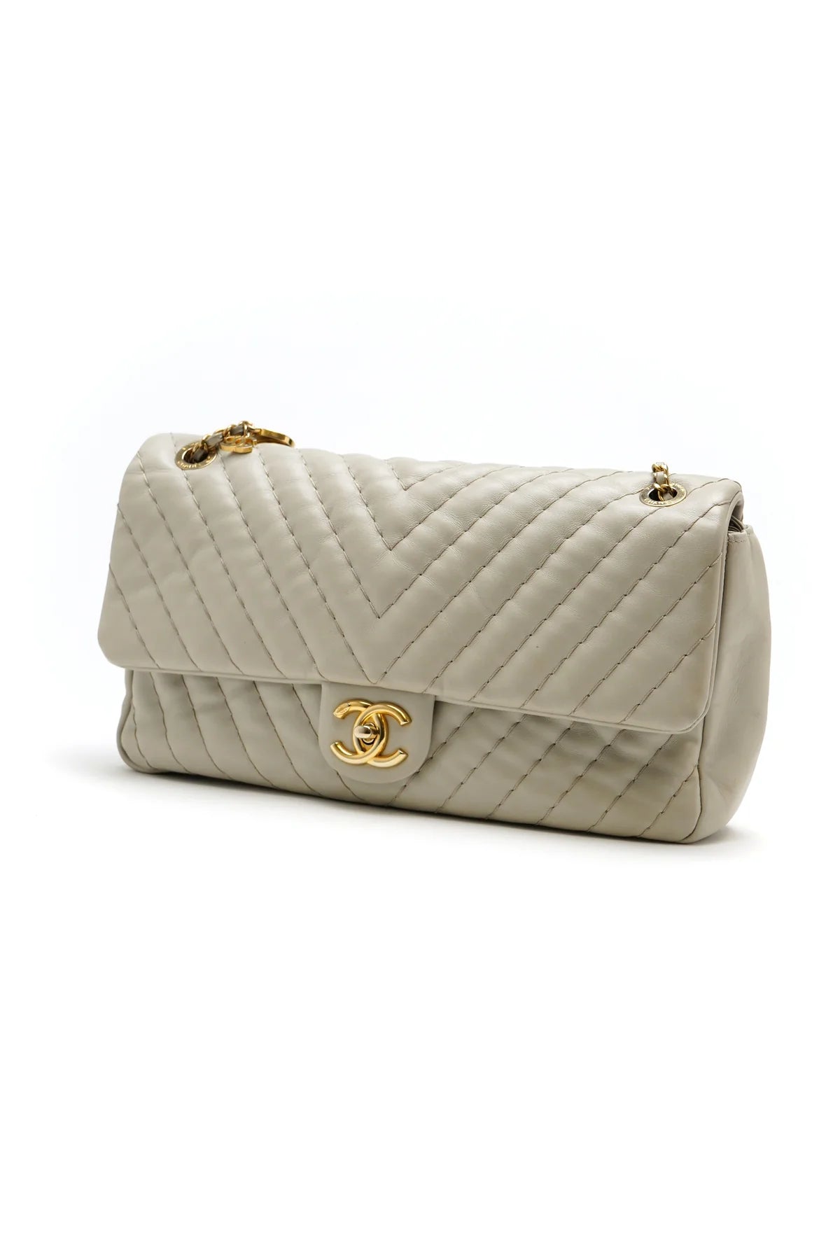 Chanel Calfskin Chevron Quilted Medium Double Flap Grey