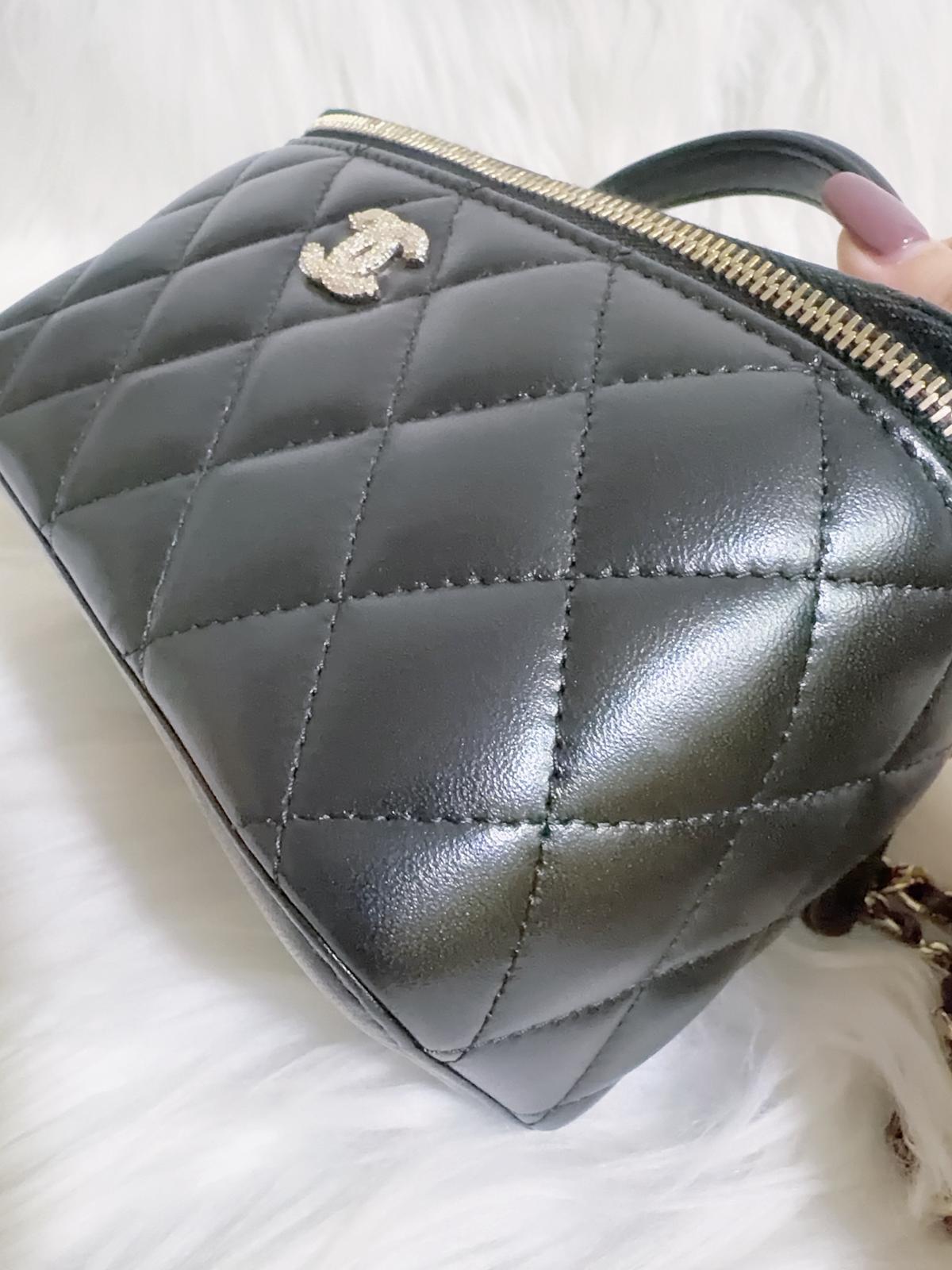 Chanel Black Quilted Top Handle Vanity Case Crystal & Light Gold Hardware