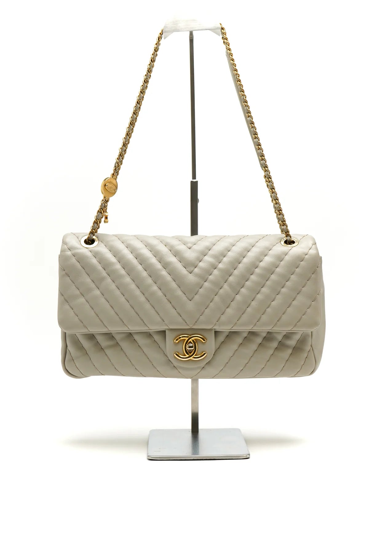 Chanel Calfskin Chevron Quilted Medium Double Flap Grey