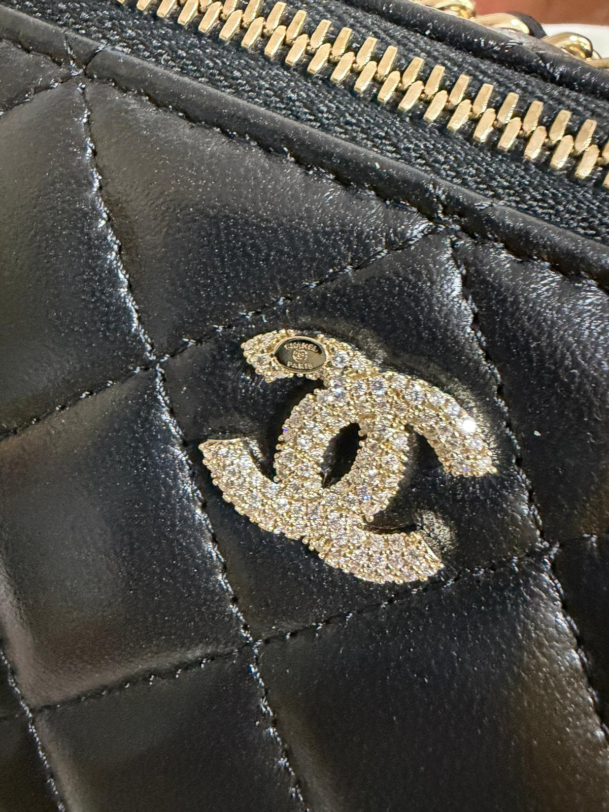Chanel Black Quilted Top Handle Vanity Case Crystal & Light Gold Hardware