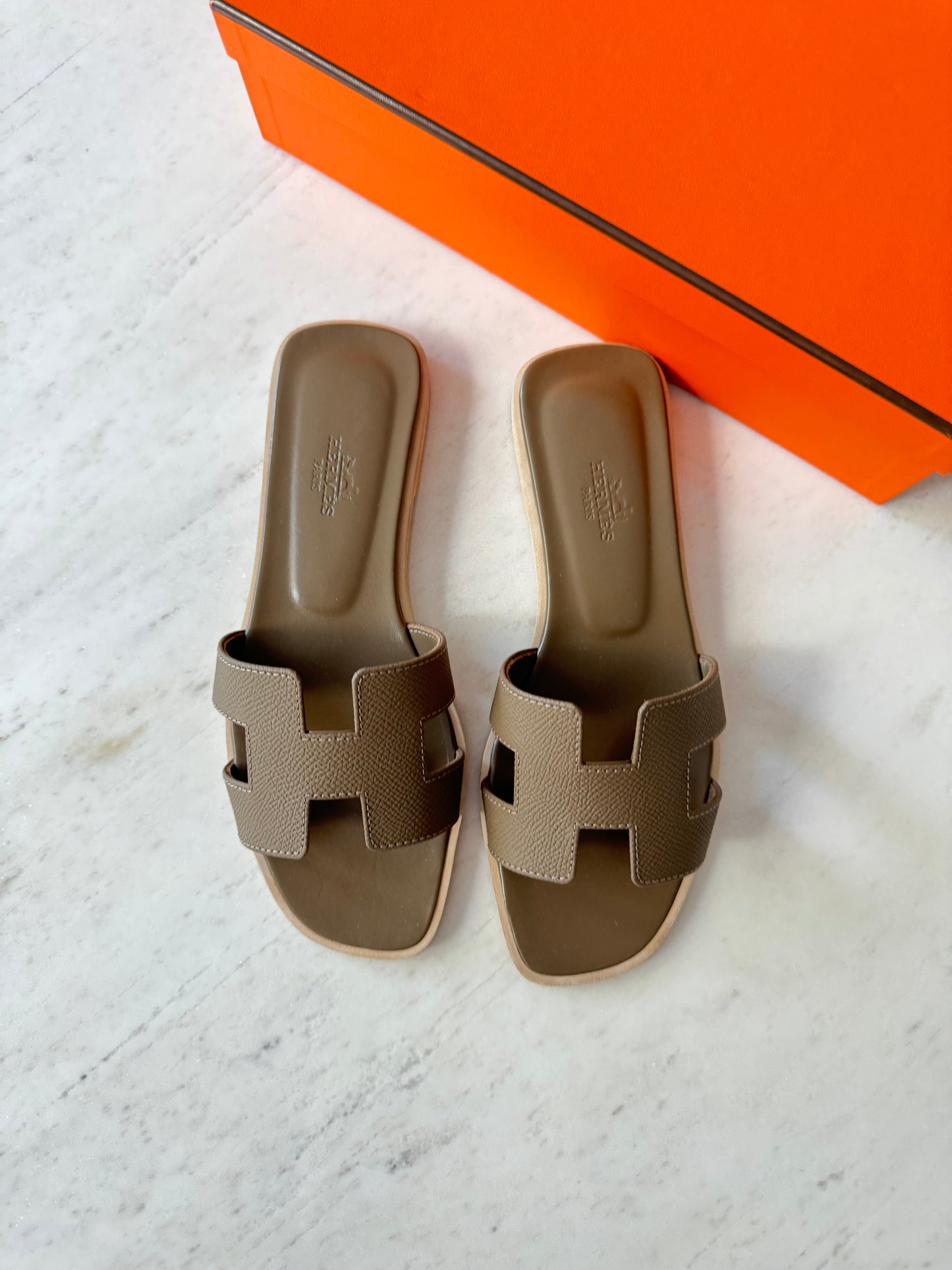 Hermes oran sandals, etoupe