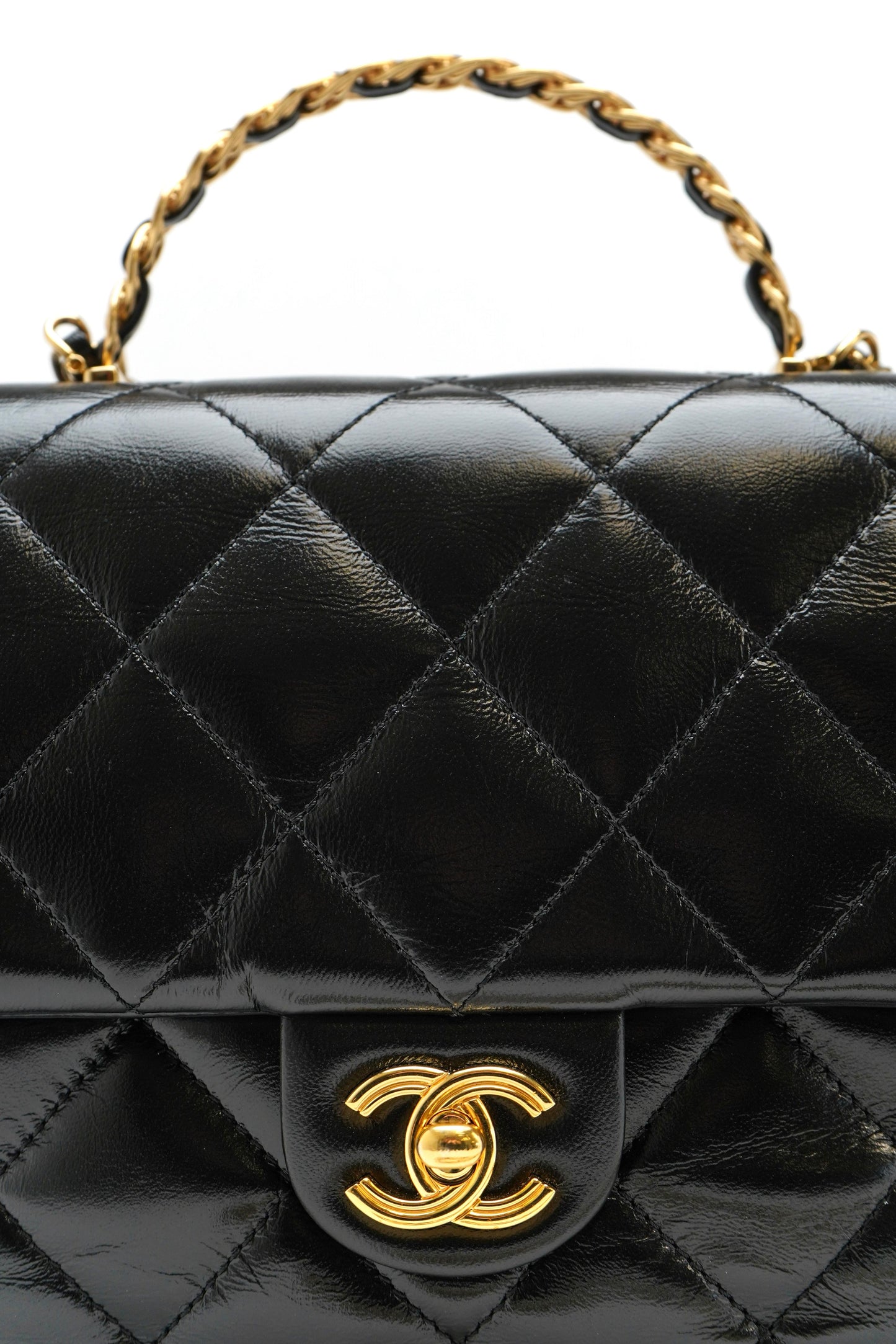 Chanel Medium Shiny Lambskin Quilted Golden Links Top Handle Flap Black