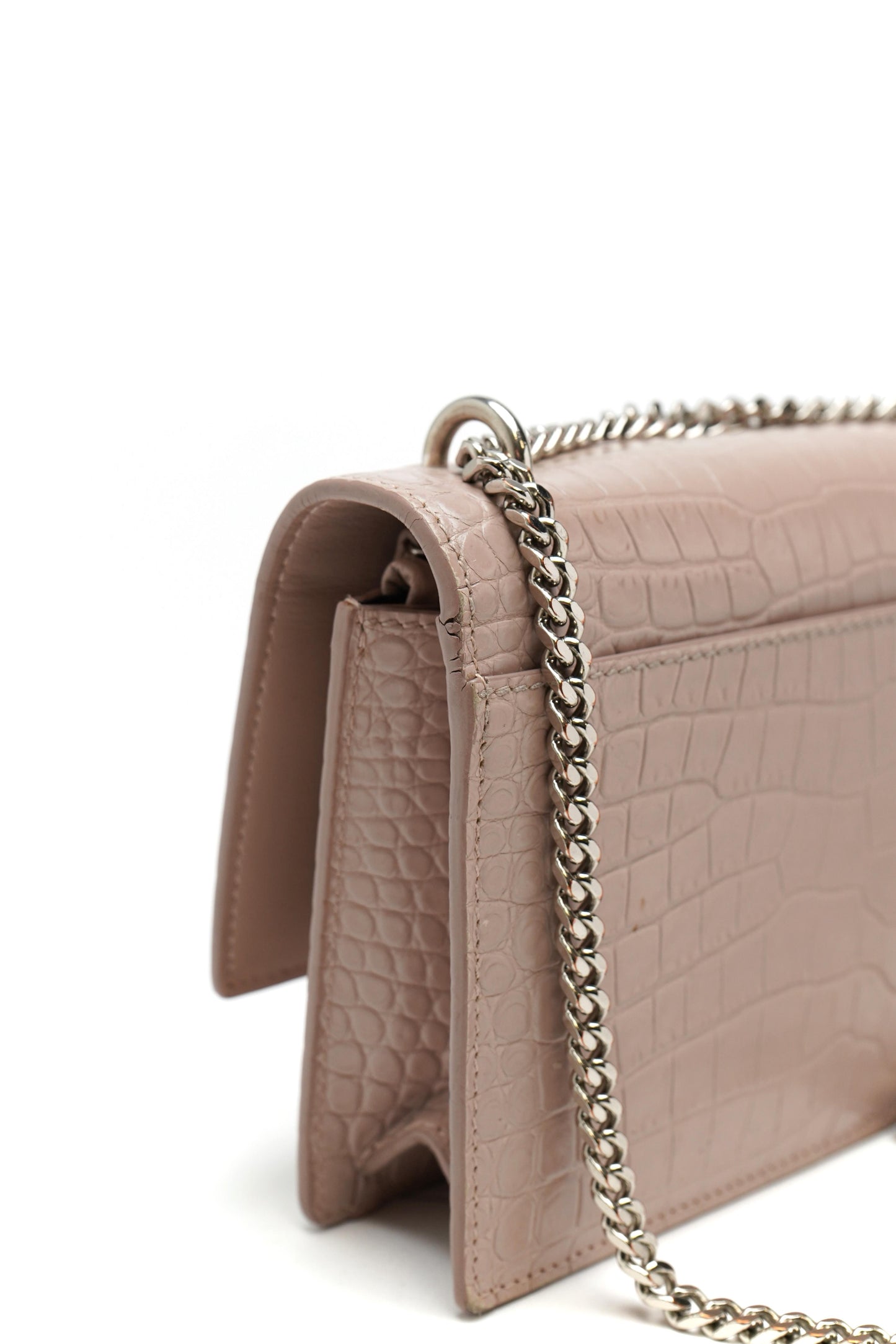 Saint Laurent Calfskin Crocodile Embossed Monogram Sunset Chain Wallet