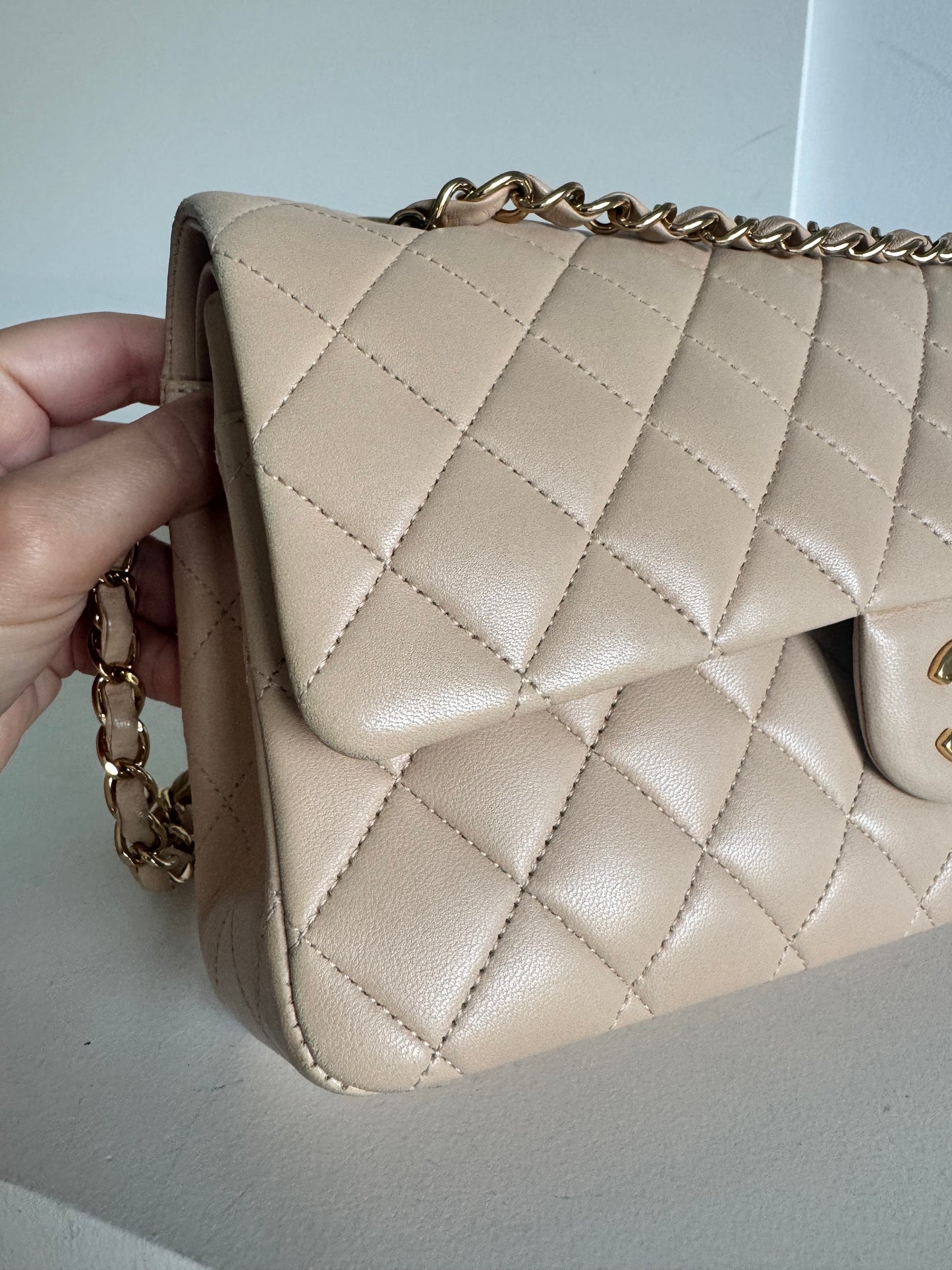 Chanel medium classic double flap lambskin beige GHW