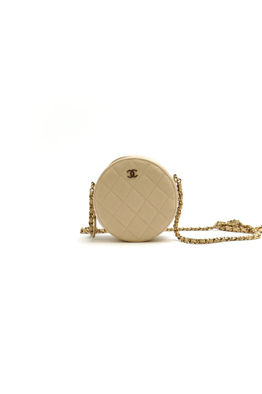 Chanel Caviar Quilted Round Clutch With Chain White