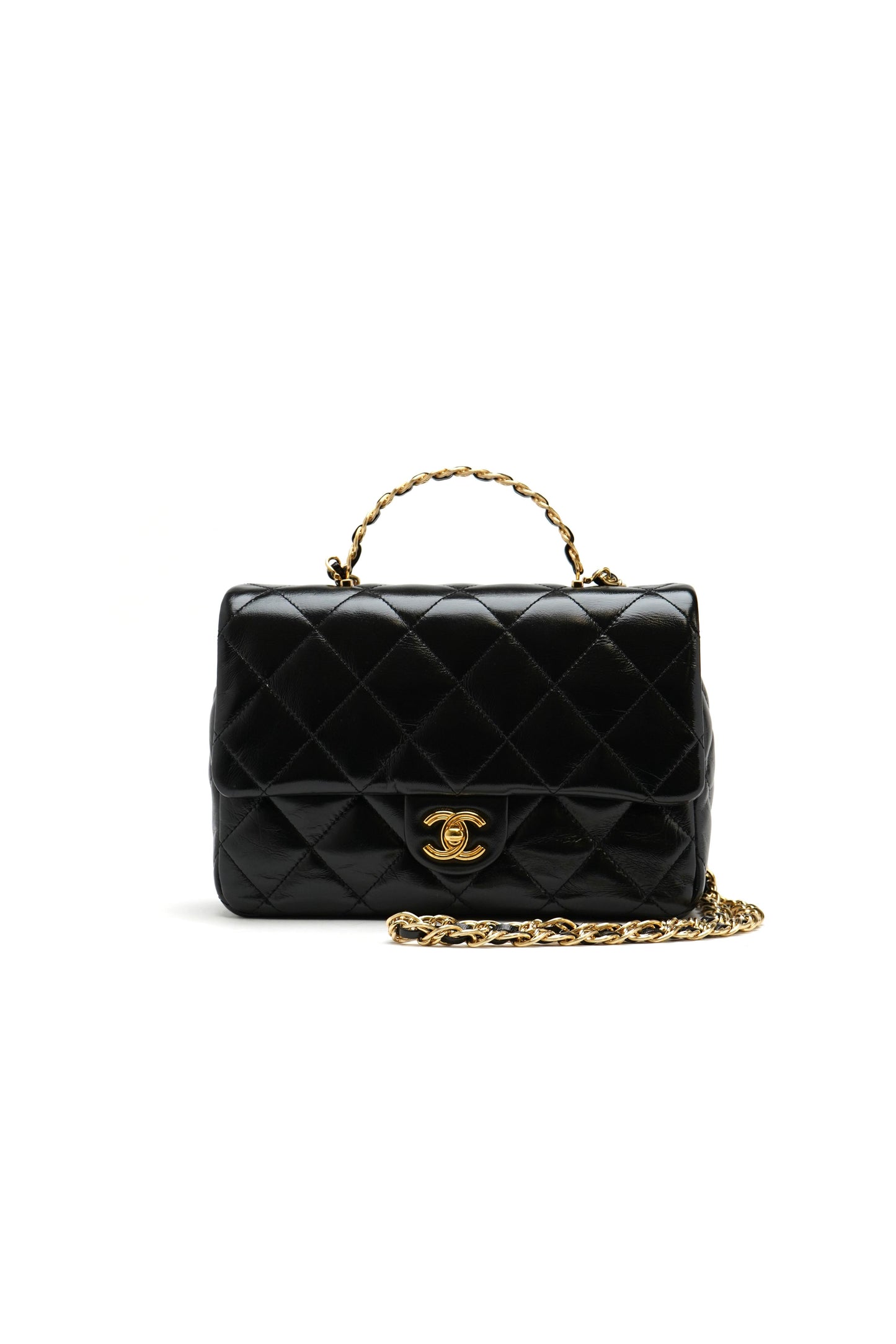 Chanel Medium Shiny Lambskin Quilted Golden Links Top Handle Flap Black