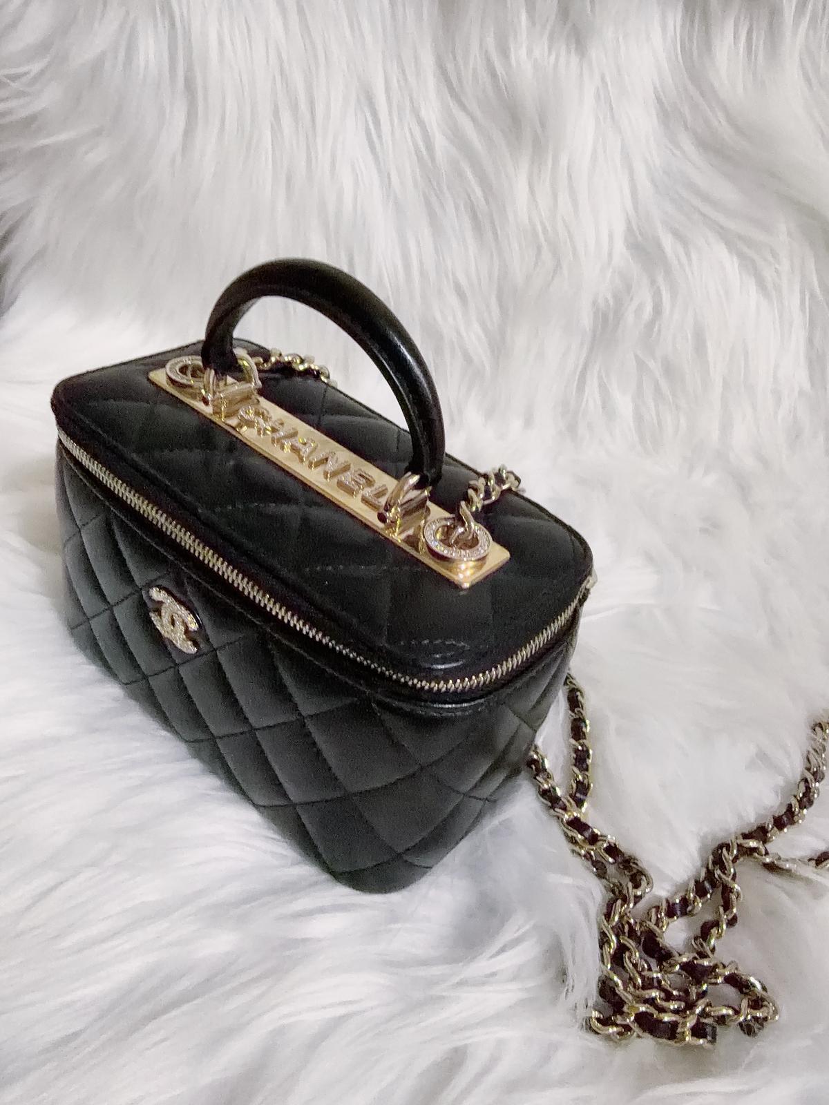 Chanel Black Quilted Top Handle Vanity Case Crystal & Light Gold Hardware