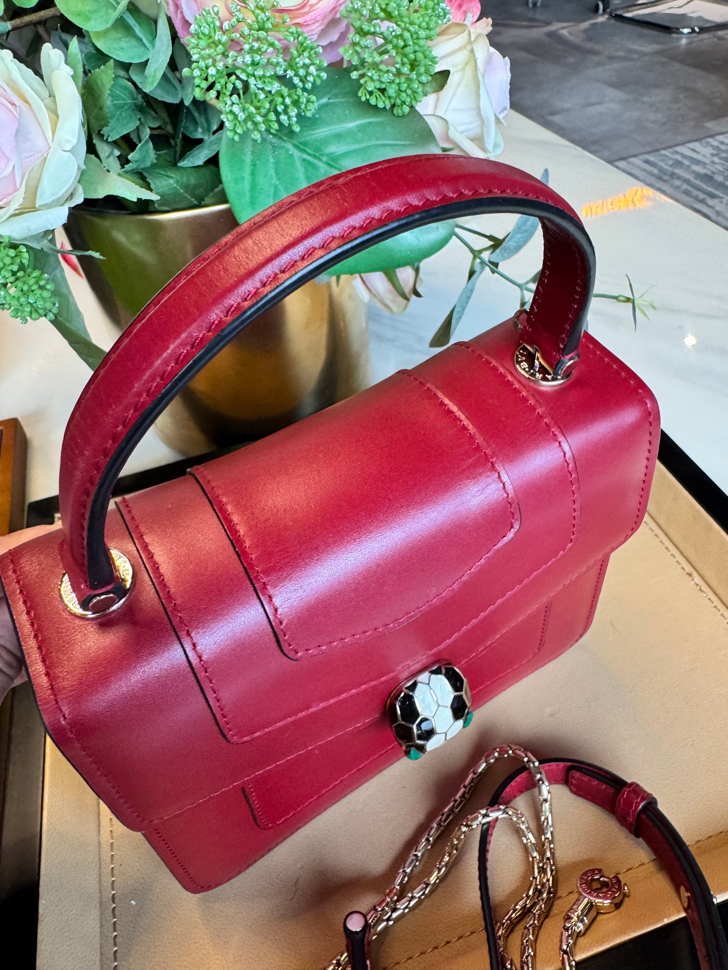 Bvlgari Calfskin Serpenti Forever Top Handle Red