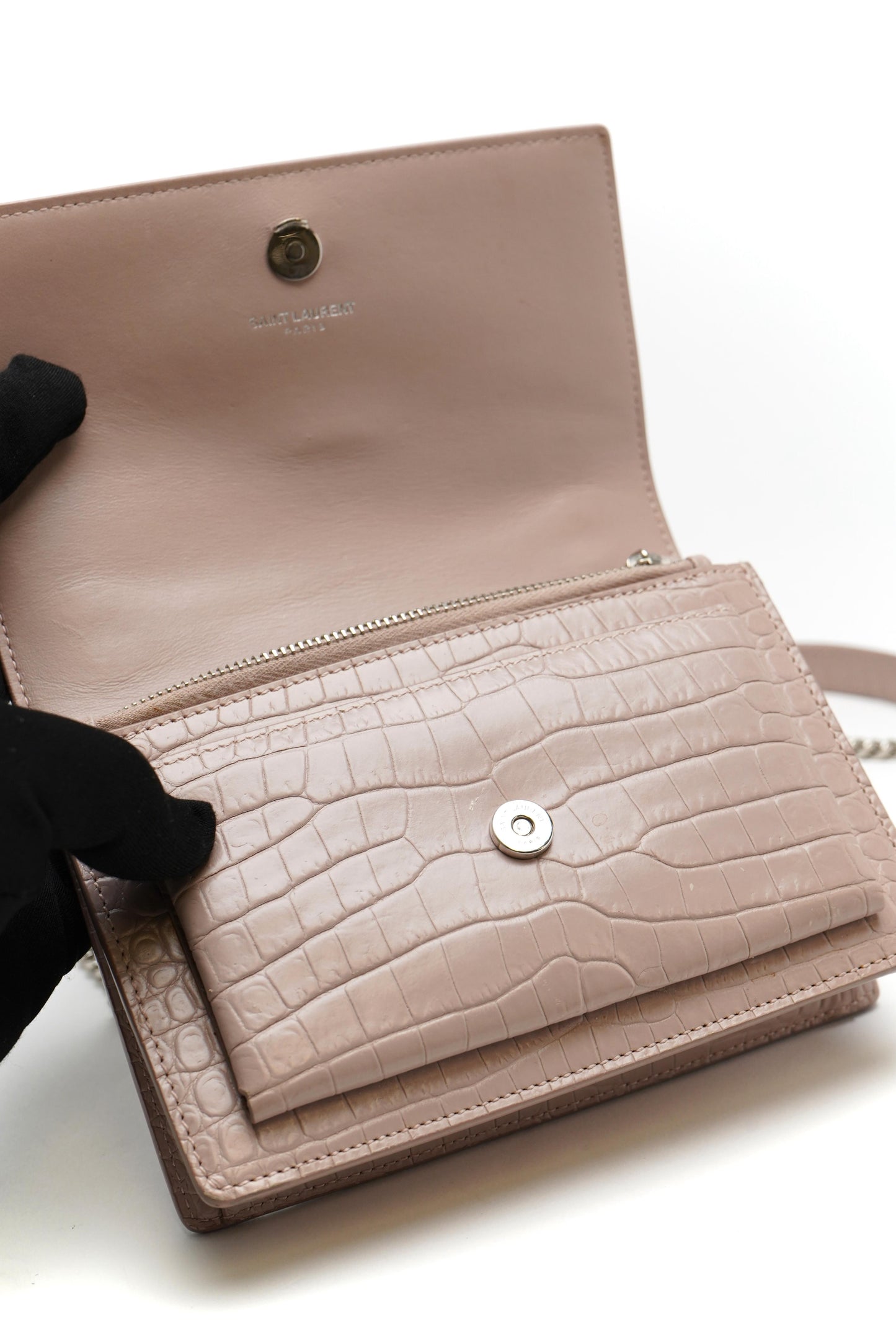 Saint Laurent Calfskin Crocodile Embossed Monogram Sunset Chain Wallet