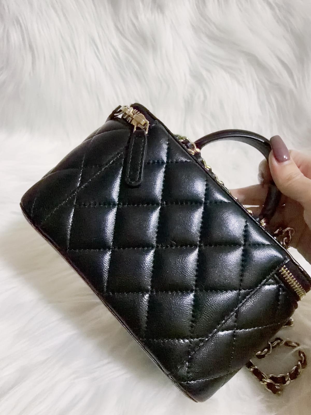 Chanel Black Quilted Top Handle Vanity Case Crystal & Light Gold Hardware