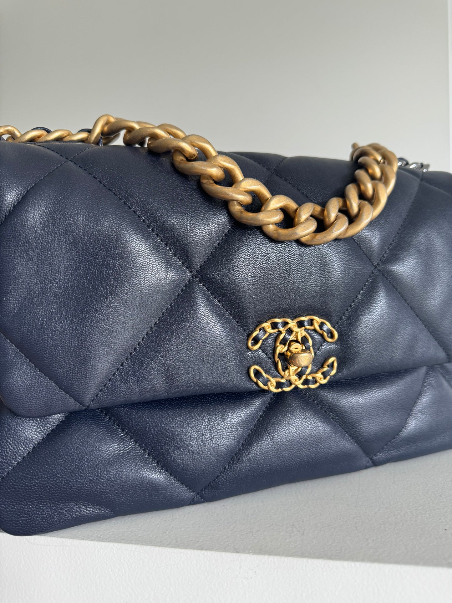 Chanel Navy Quilted goatskin Medium Chanel 19 Flap Bag Mixed Hardware