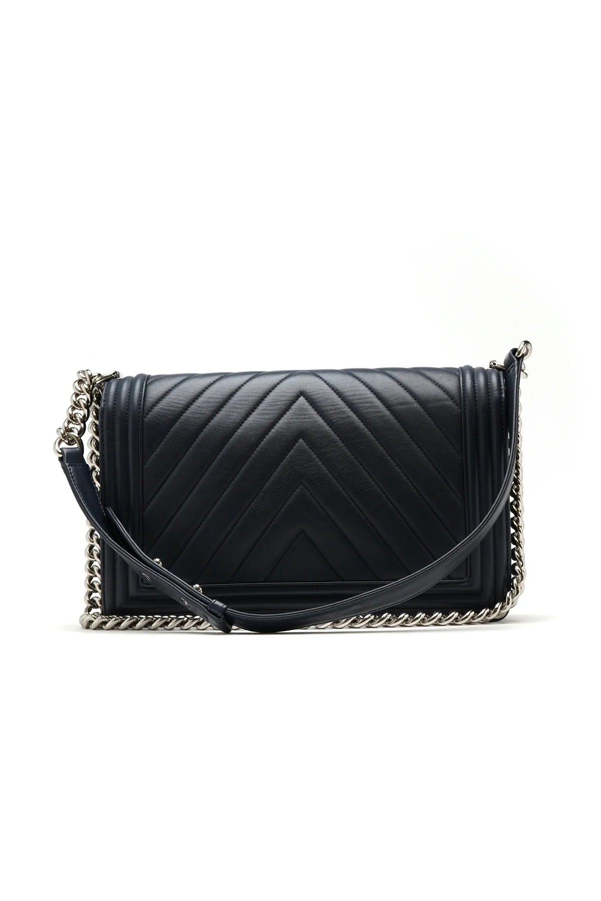 Chanel Lambskin Chevron Quilted New Large Boy Flap Dark Navy Blue
