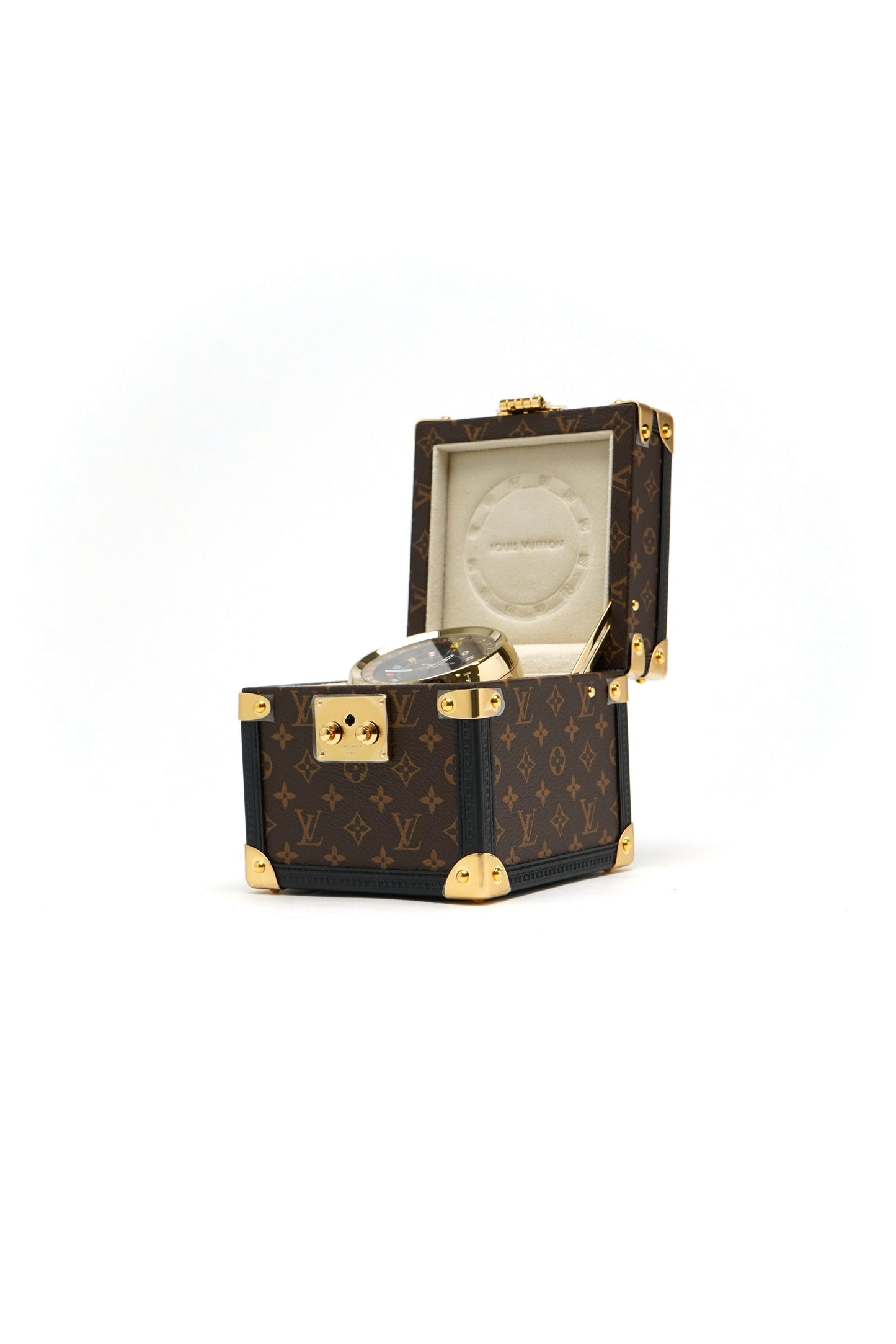 Louis Vuitton Trunk Table Clock, Quartz, 80mm, Brass, Monogram