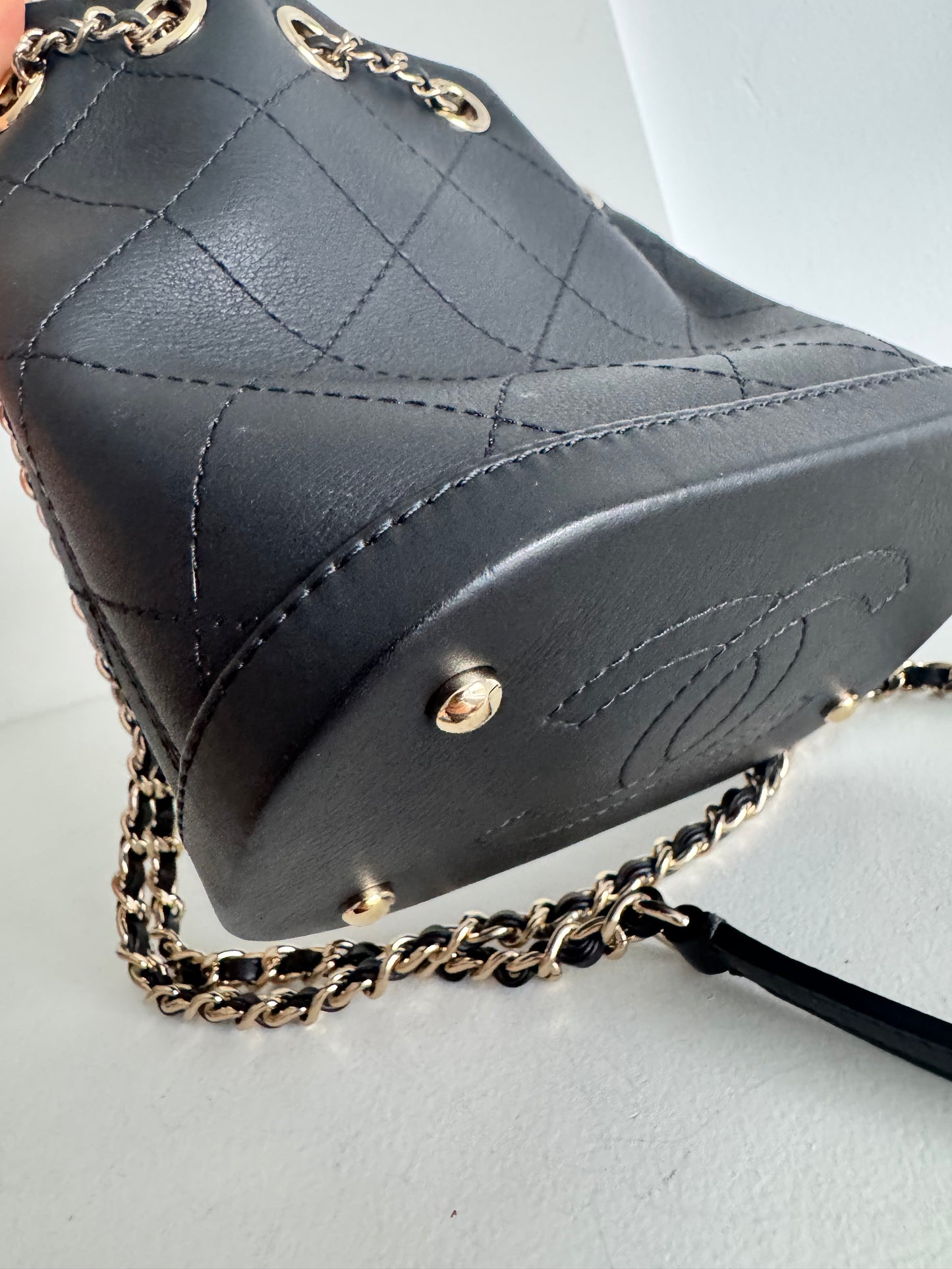 Chanel Calfskin Stitched Small Egyptian Amulet Drawstring Bag Black