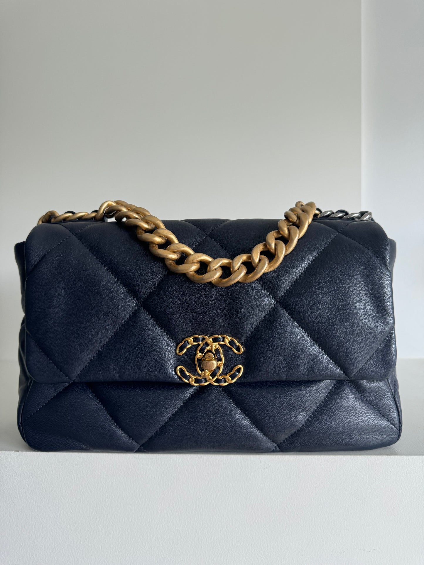 Chanel Navy Quilted goatskin Medium Chanel 19 Flap Bag Mixed Hardware