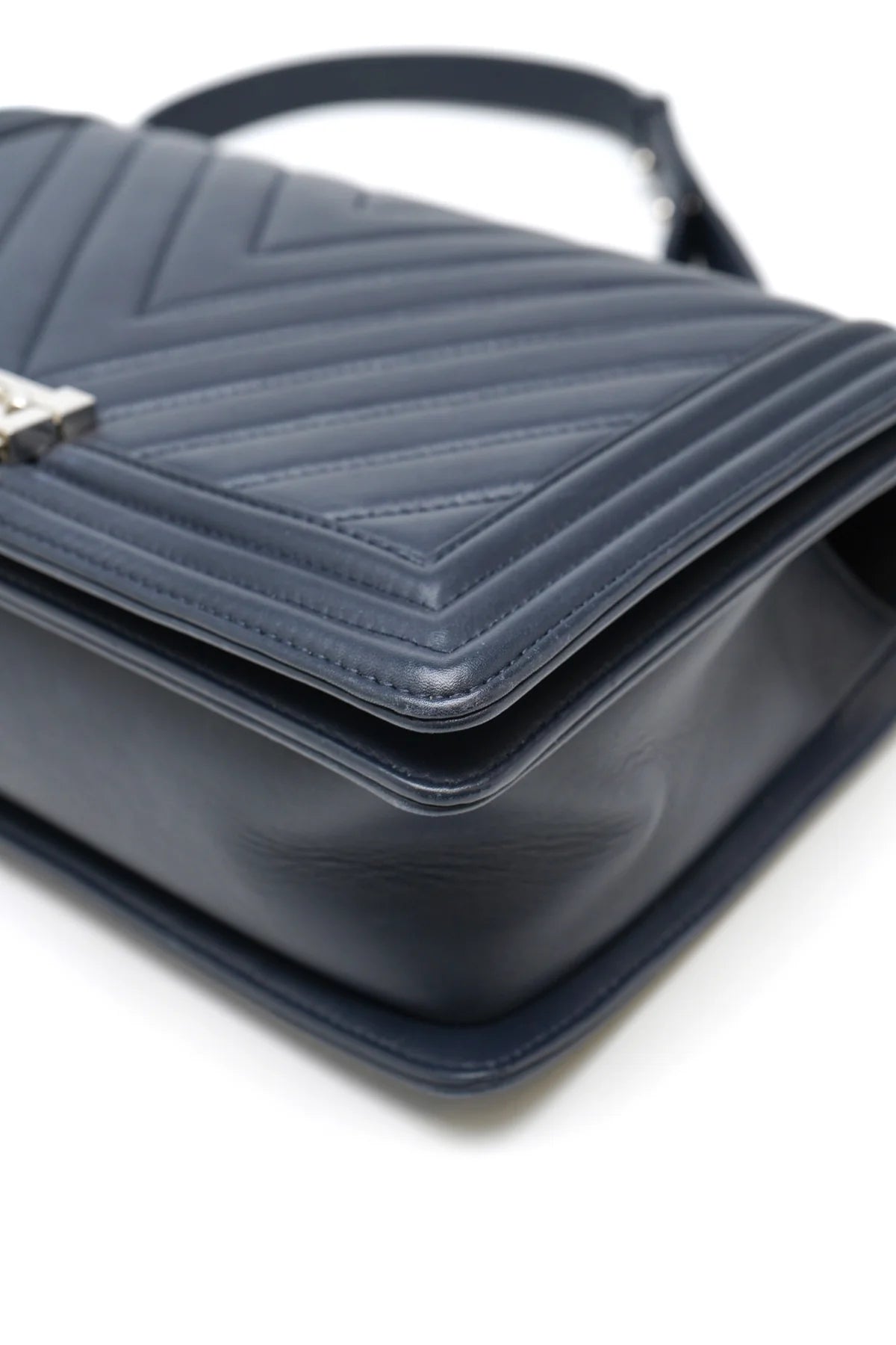 Chanel Lambskin Chevron Quilted New Large Boy Flap Dark Navy Blue
