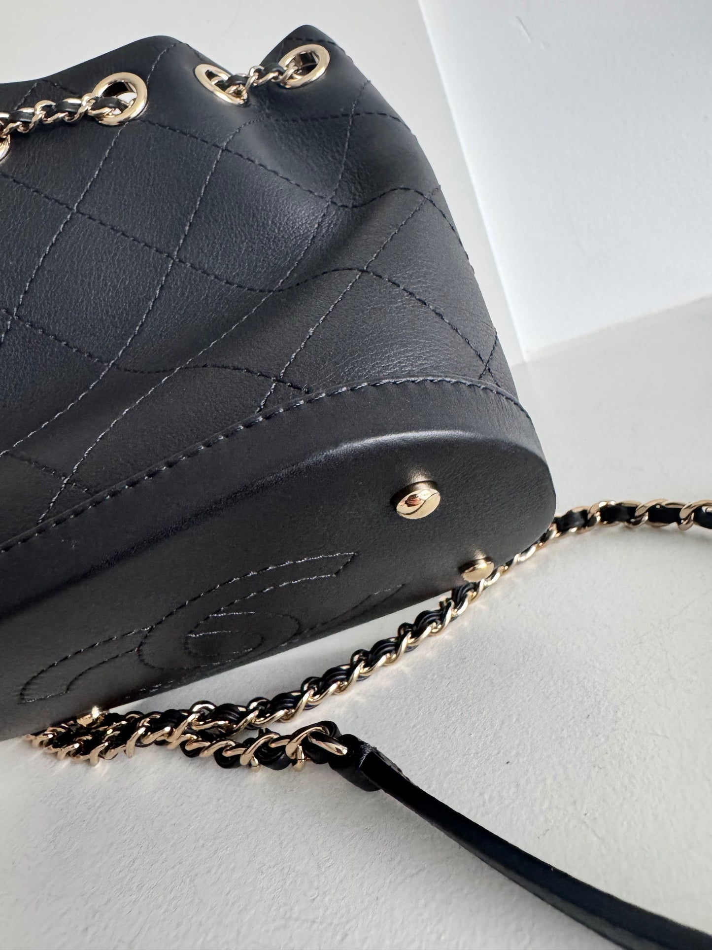 Chanel Calfskin Stitched Small Egyptian Amulet Drawstring Bag Black