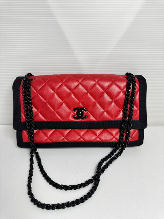 Chanel Lambskin Grosgrain Quilted Flap Red Black