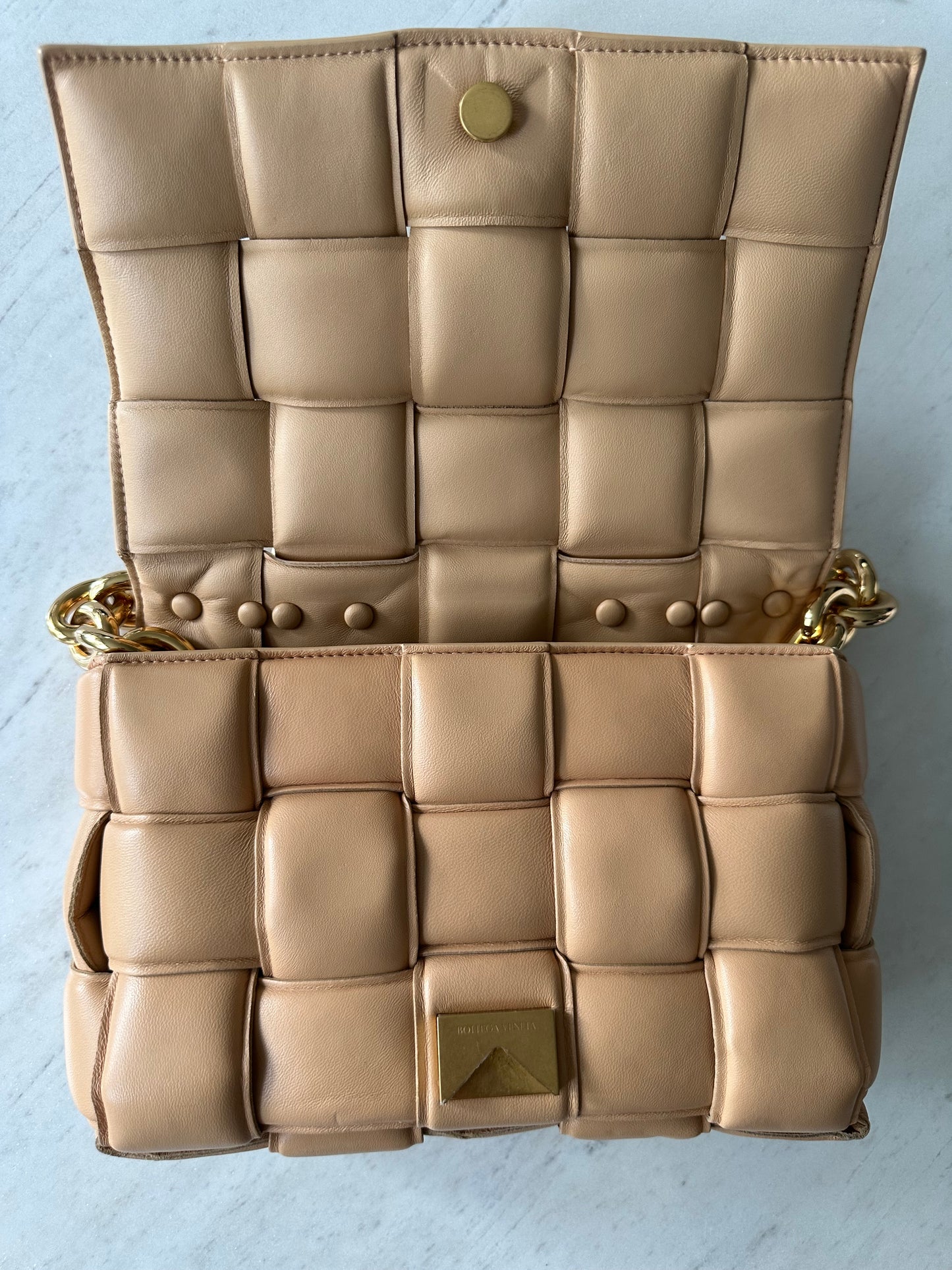 Bottega veneta caramel padded chain cassette bag