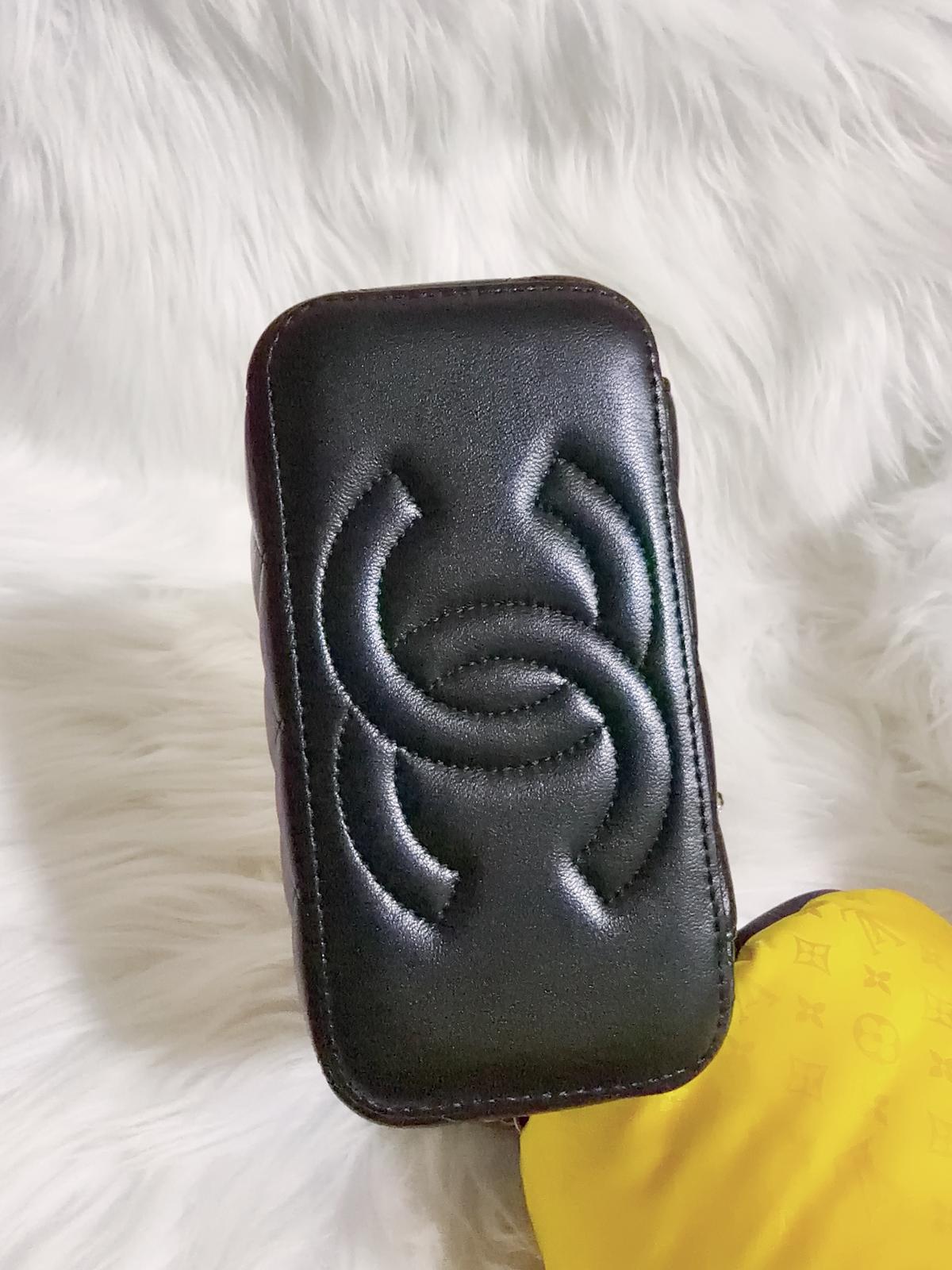 Chanel Black Quilted Top Handle Vanity Case Crystal & Light Gold Hardware