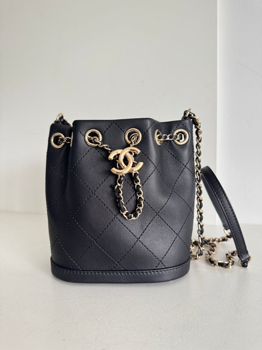Chanel Calfskin Stitched Small Egyptian Amulet Drawstring Bag Black