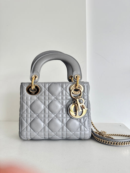 Christian Dior Mini Lady Pearl Grey Lambskin W/LGHW