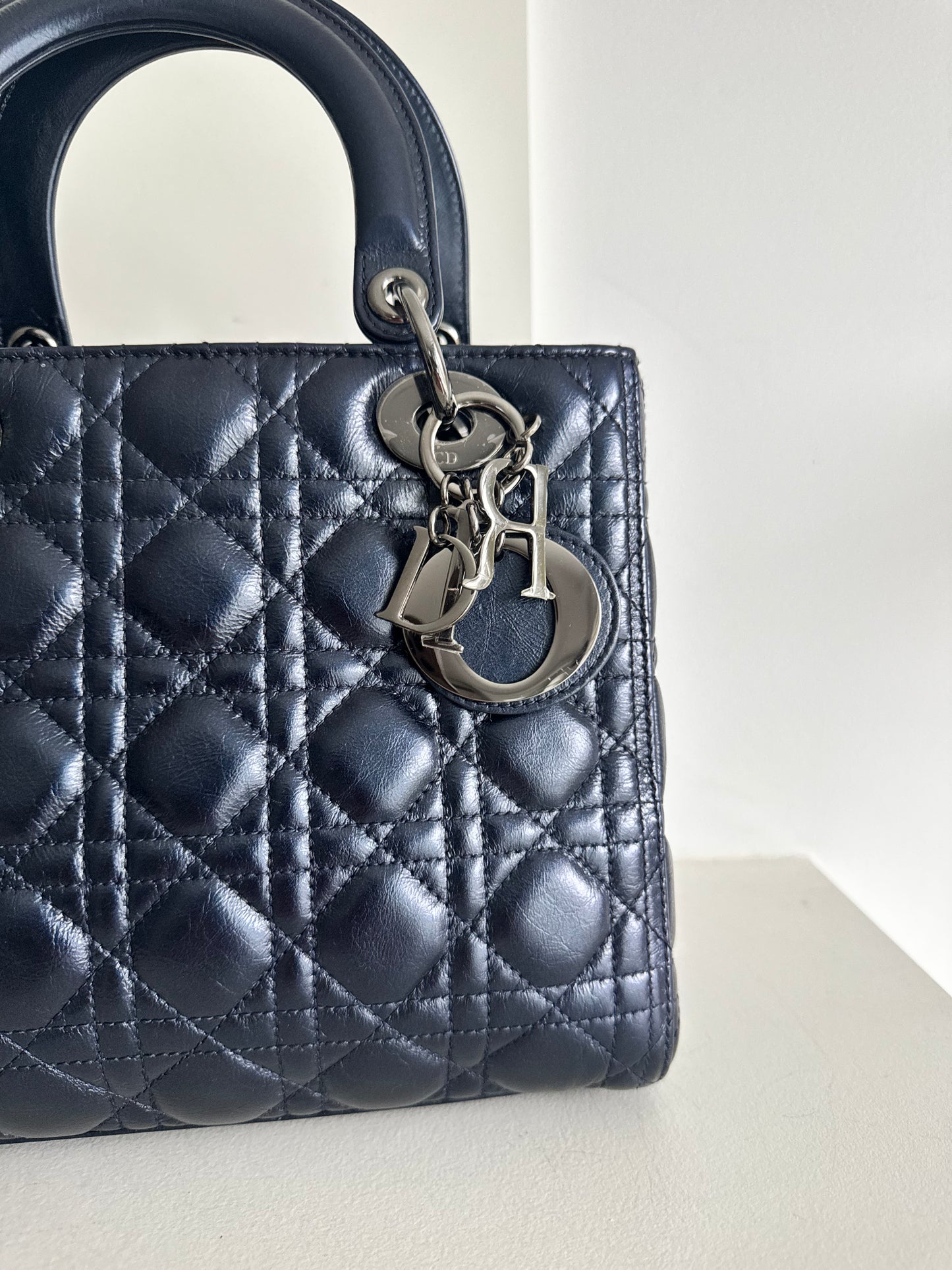 Christian Dior Medium Lady Navy with signature Cannage Stitching