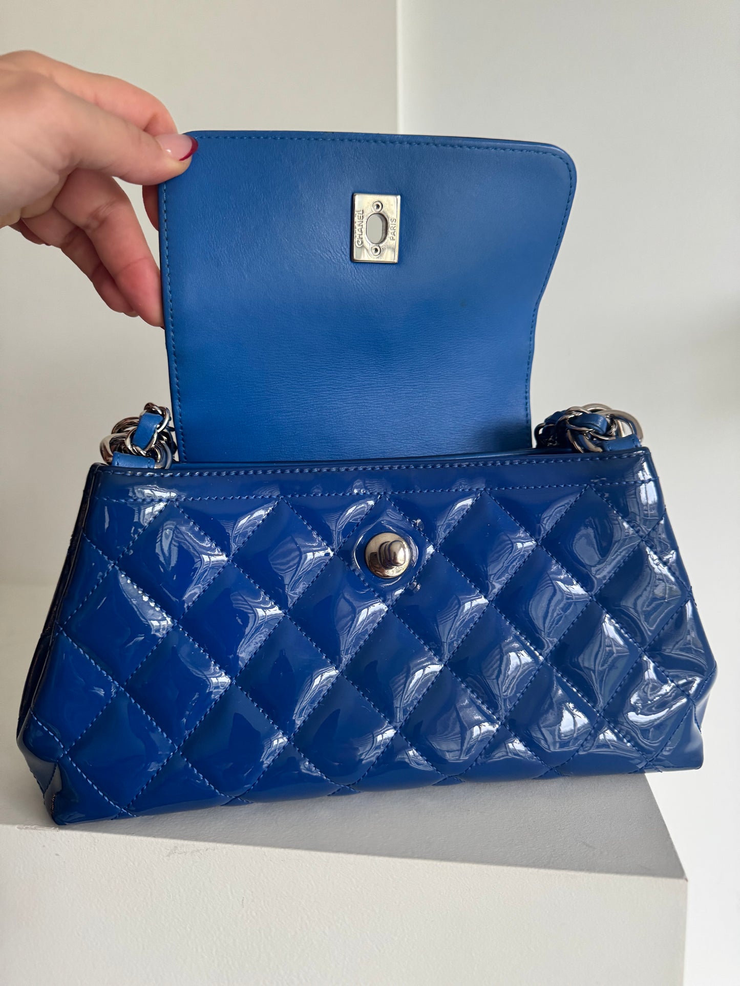 Chanel Blue Patent Leather Medium Accordion Shoulder