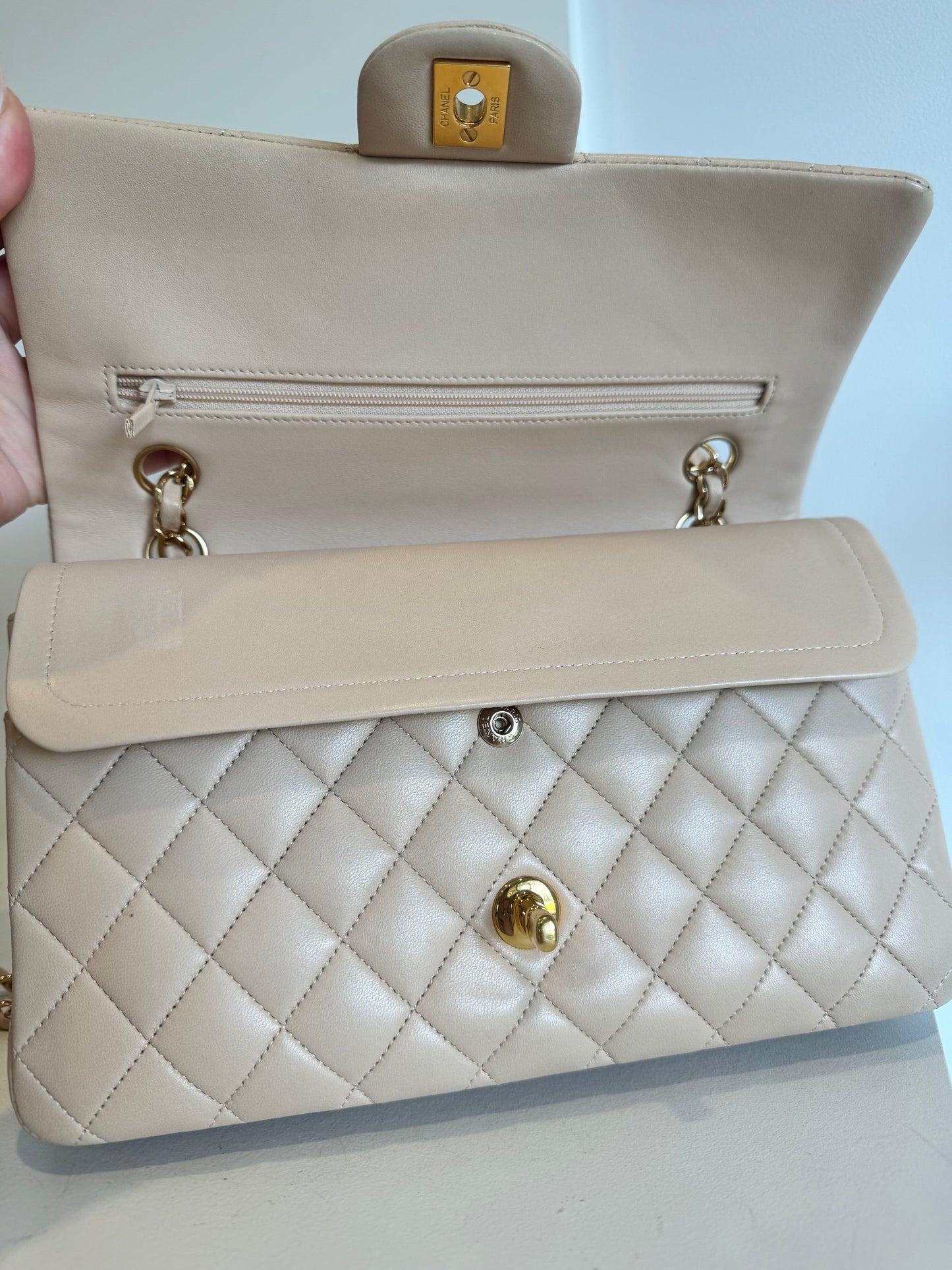 Chanel medium classic double flap lambskin beige GHW